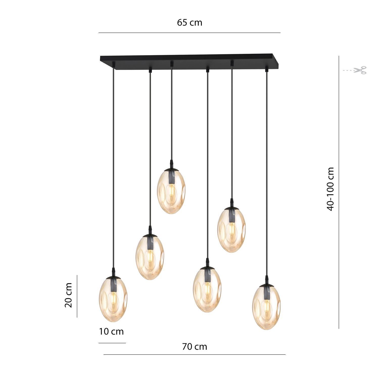 Grande lampe à suspendre verre 6x E14 70 cm allongée CARLU