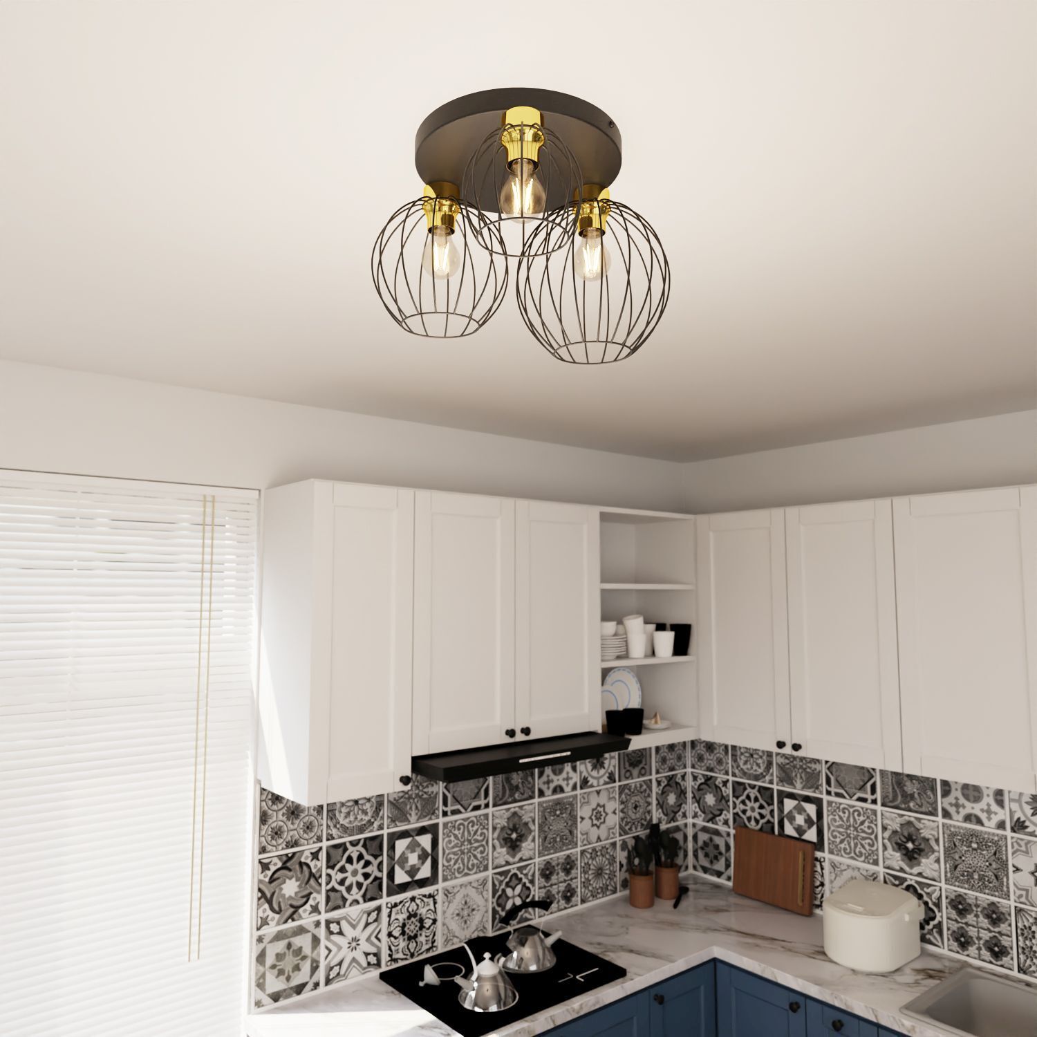 Stilvolle Deckenlampe Schwarz Gold Metall Ø41 cm rund Leuchter, Drinnen, Innenarchitektur, Küche, Leuchte