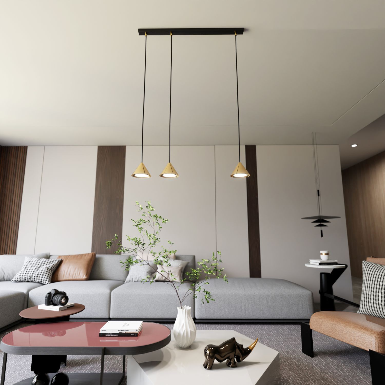 Hängelampe Metall B: 70 cm in Schwarz Gold GX53 3-flammig