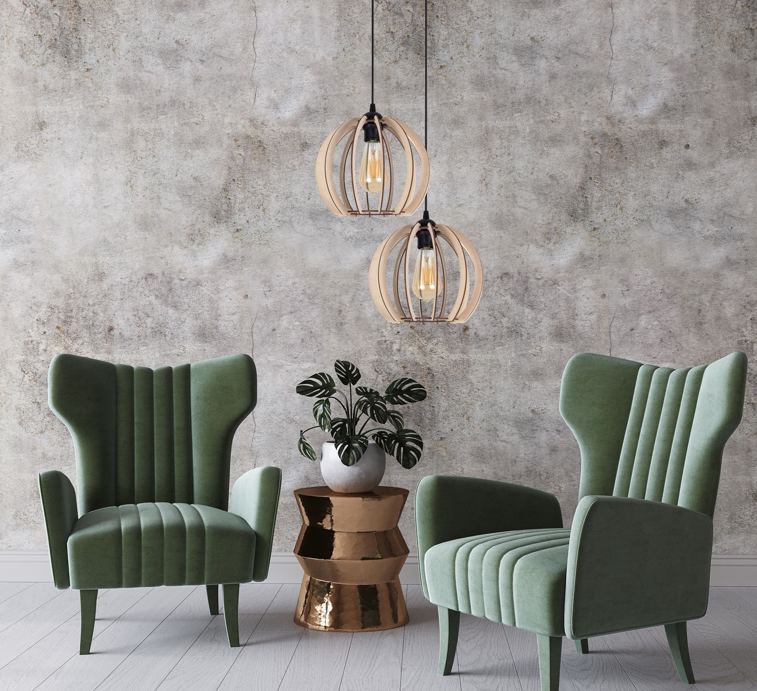 Pendelleuchte Holz Metall Schwarz Kugel E27 2-flammig Moebel, Pflanze, Stuhl, Sessel, Drinnen