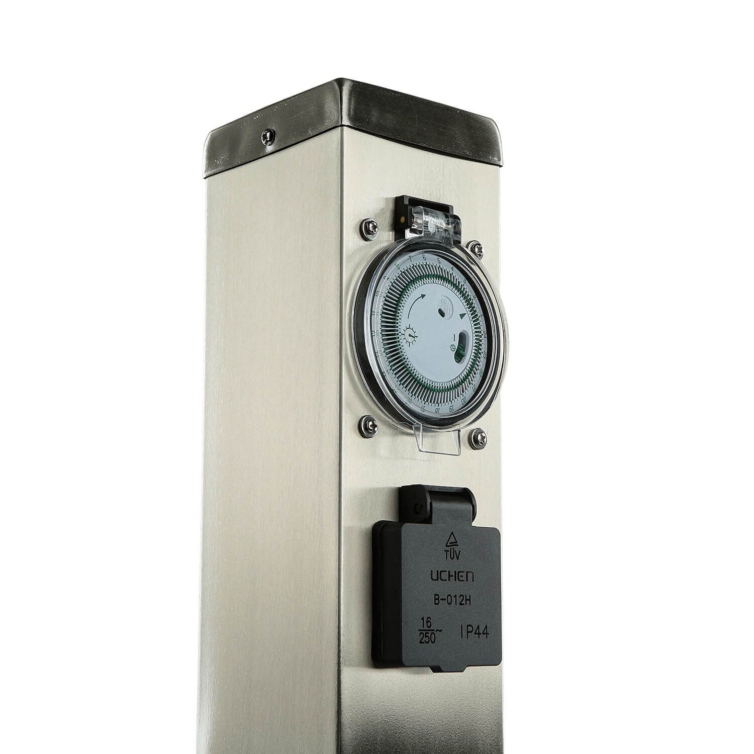 energiesaeule-mit steckdose-und-timer-fuer-aussen-garten-terrasse-edelstahl-5 mechanischer Timer, Wandtimer, Metallgehäuse, Industrietimer, Schraubanschlüsse