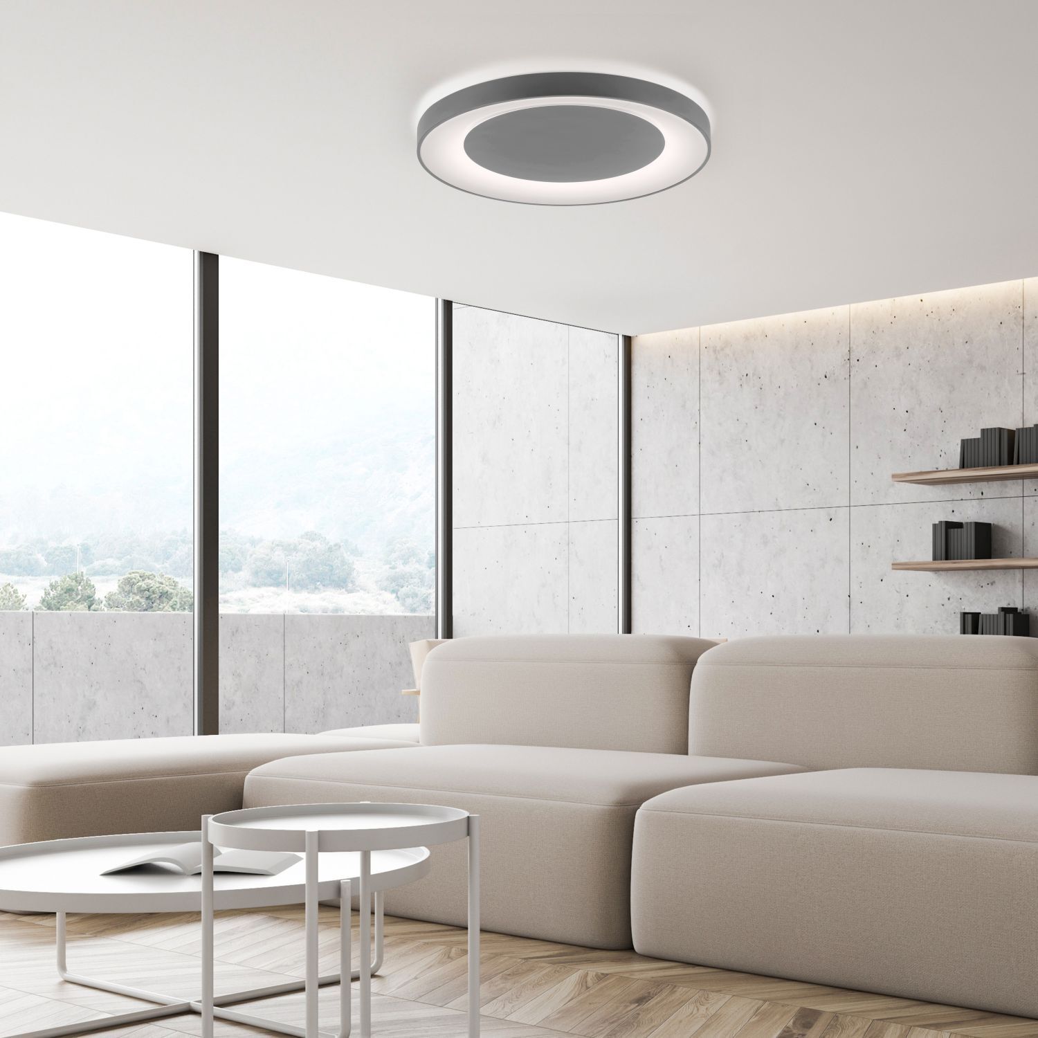 LED Deckenlampe mit Fernbedienung dimmbar Grau Ø70 cm Wohnzimmer, Deckenleuchte, Couch, Innenarchitektur, Kaffeetisch