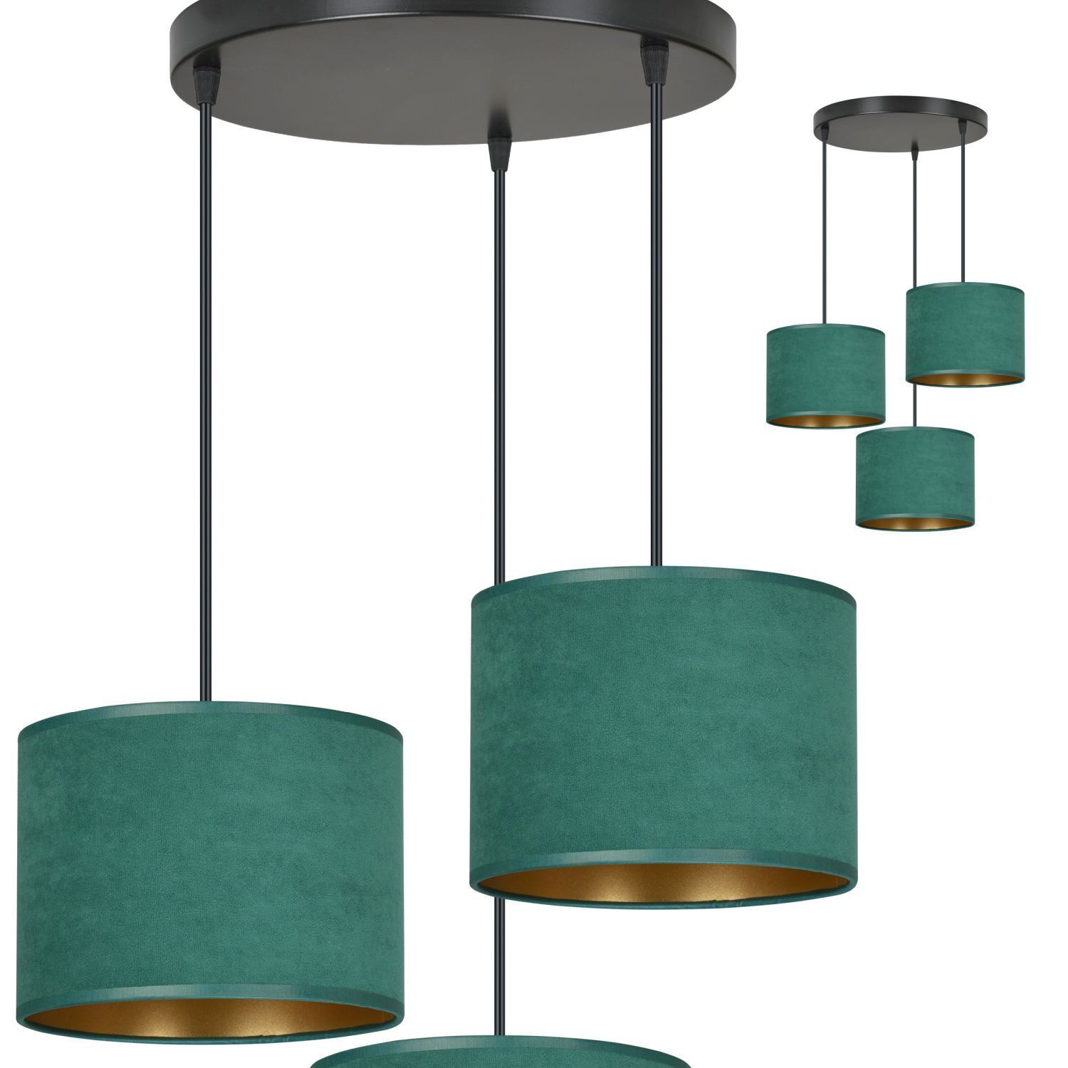 Lampe à suspendre tissu métal noir vert or E27 3-flamme