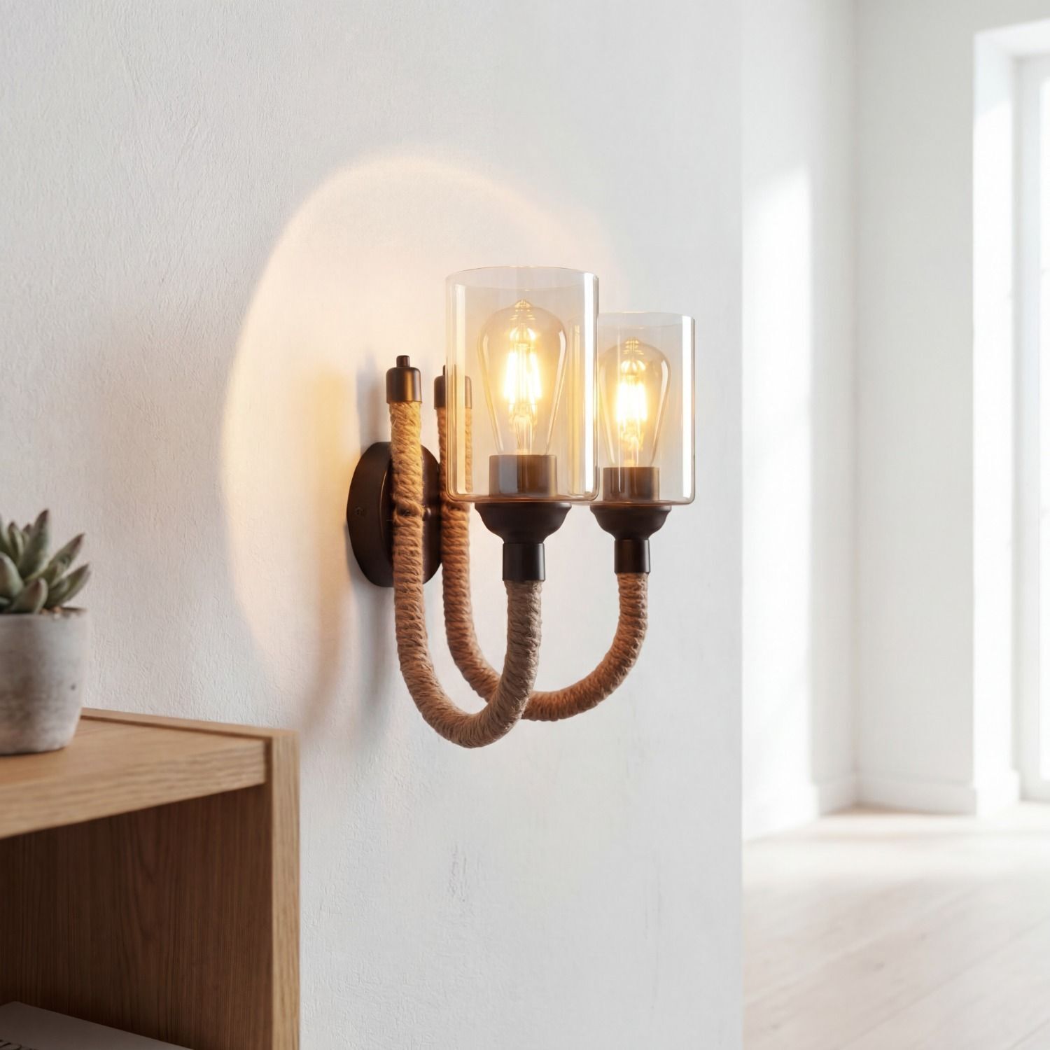 Wandlampe Metall Rauchglas E27 B: 40 cm 2-flammig Wandlampe, Wandleuchte, Glühlampen, Kordelleuchte, Braun