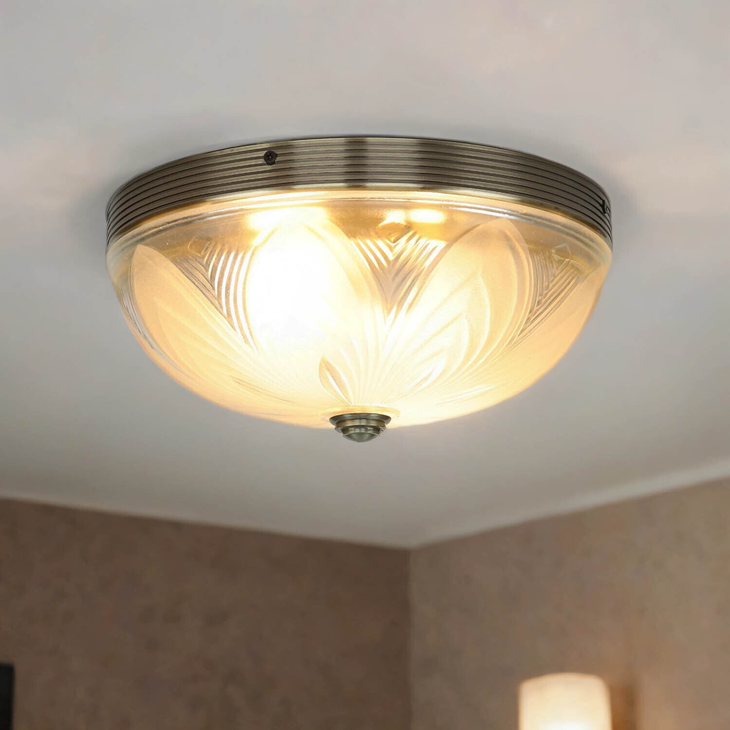 Jugendstil Deckenleuchte E27 mit Glasschirm Messing Optik Deckenleuchte, Leuchte, Lampe