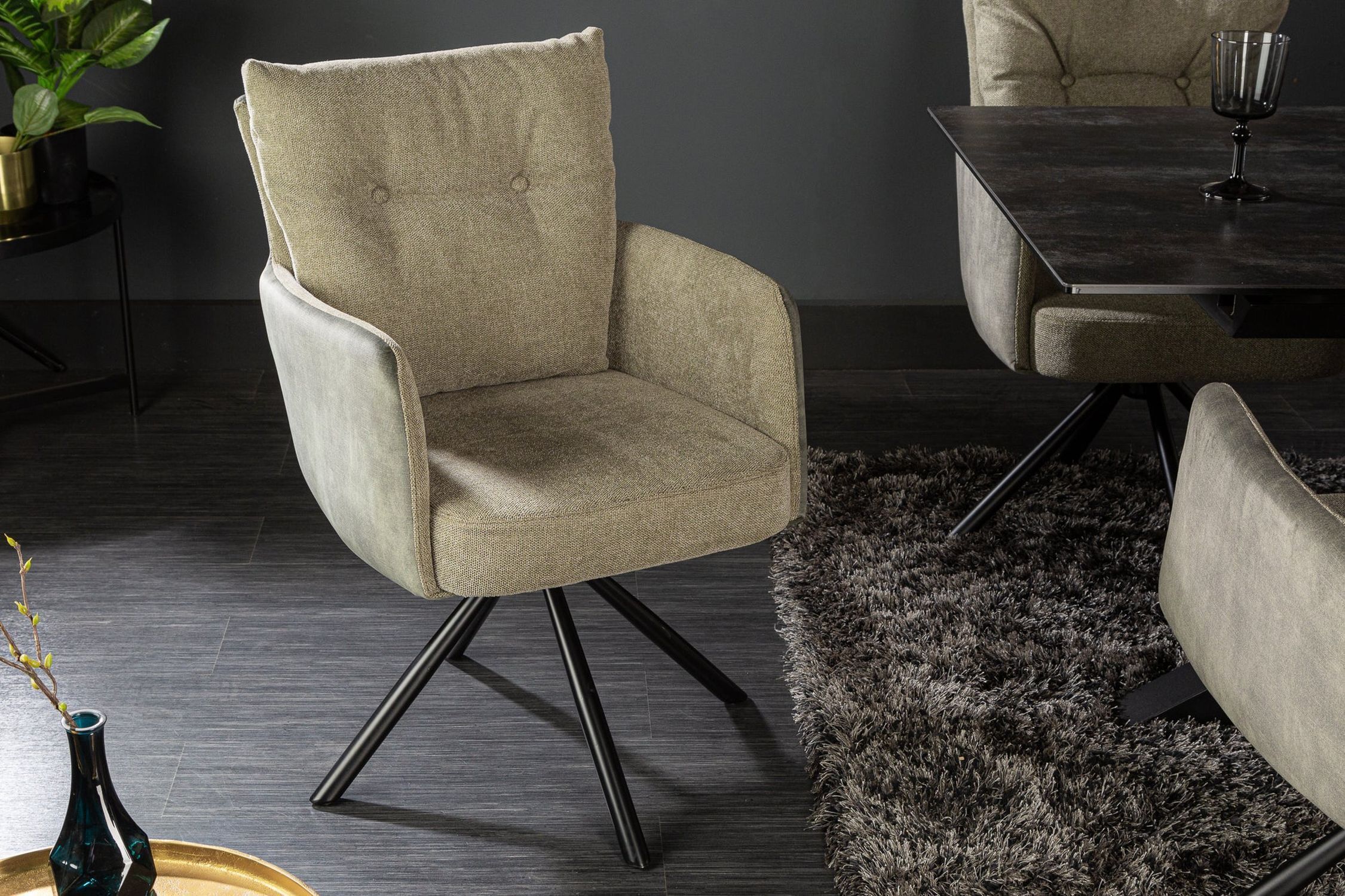 Drehstuhl Samt Metall Olivgrün Schwarz ohne Rollen LATVIA Moebel, Stuhl, Dekoration für Zuhause, Sessel