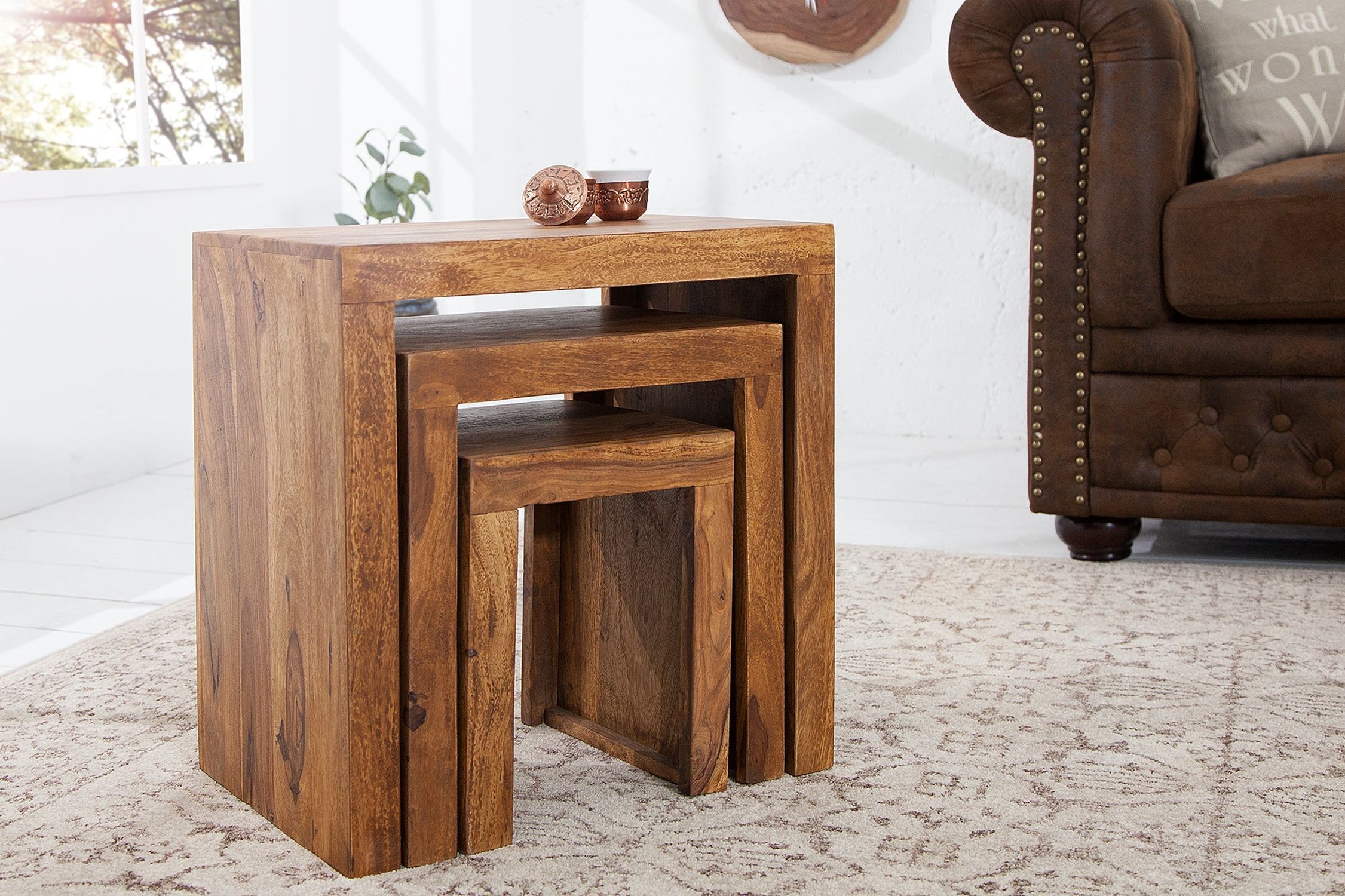 Set de 3 tables d'appoint en bois de sheesham naturel rectangulaire Holz, Hartholz, Gebeiztes Holz, Innenarchitektur, Mobiliar