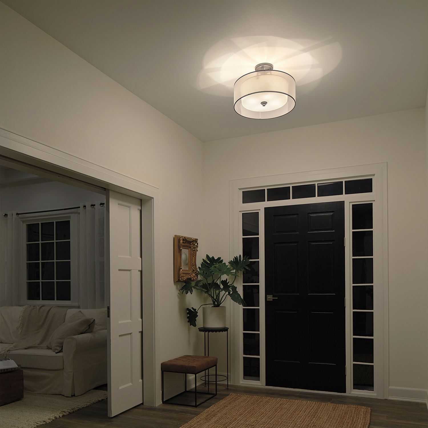 Deckenlampe Weiß Zinn antik Glas Leinen Metall CANELADO