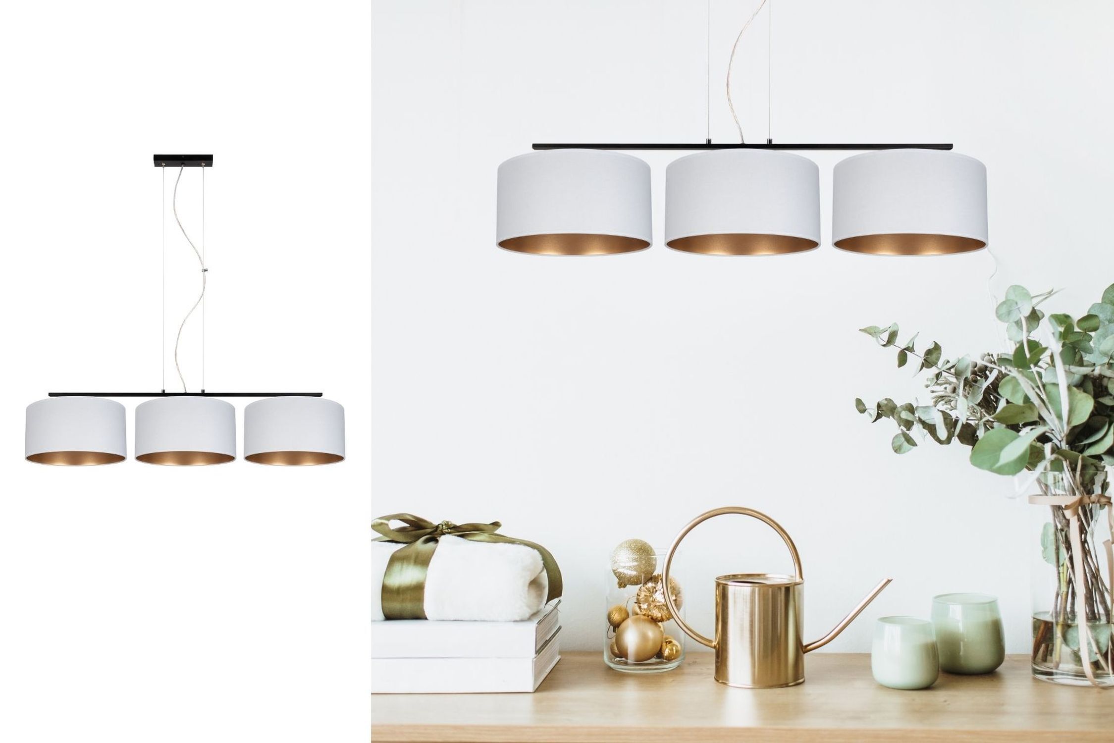 Gemütliche Pendelleuchte Stoff Weiß Gold E27 3-flammig Lampe