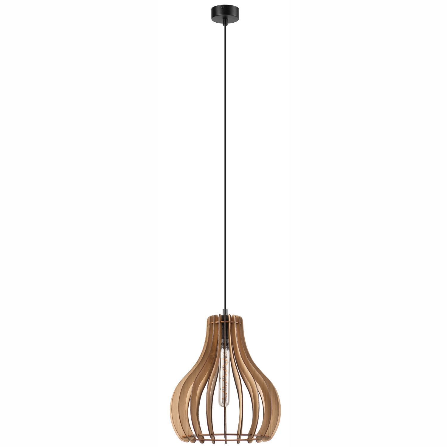 Gemütliche Hängelampe Holz Stahl Ø29 cm Schwarz Natur hängelampe, Holz-Lamellen, schwarzes Kabel, Käfigschirm, E27 Glühbirne