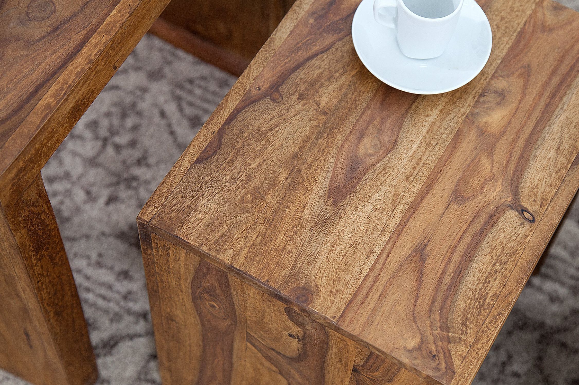 Set de 3 tables d'appoint en bois de sheesham naturel rectangulaire Hartholz, Holz, Gebeiztes Holz, Tabelle, Tischplatte