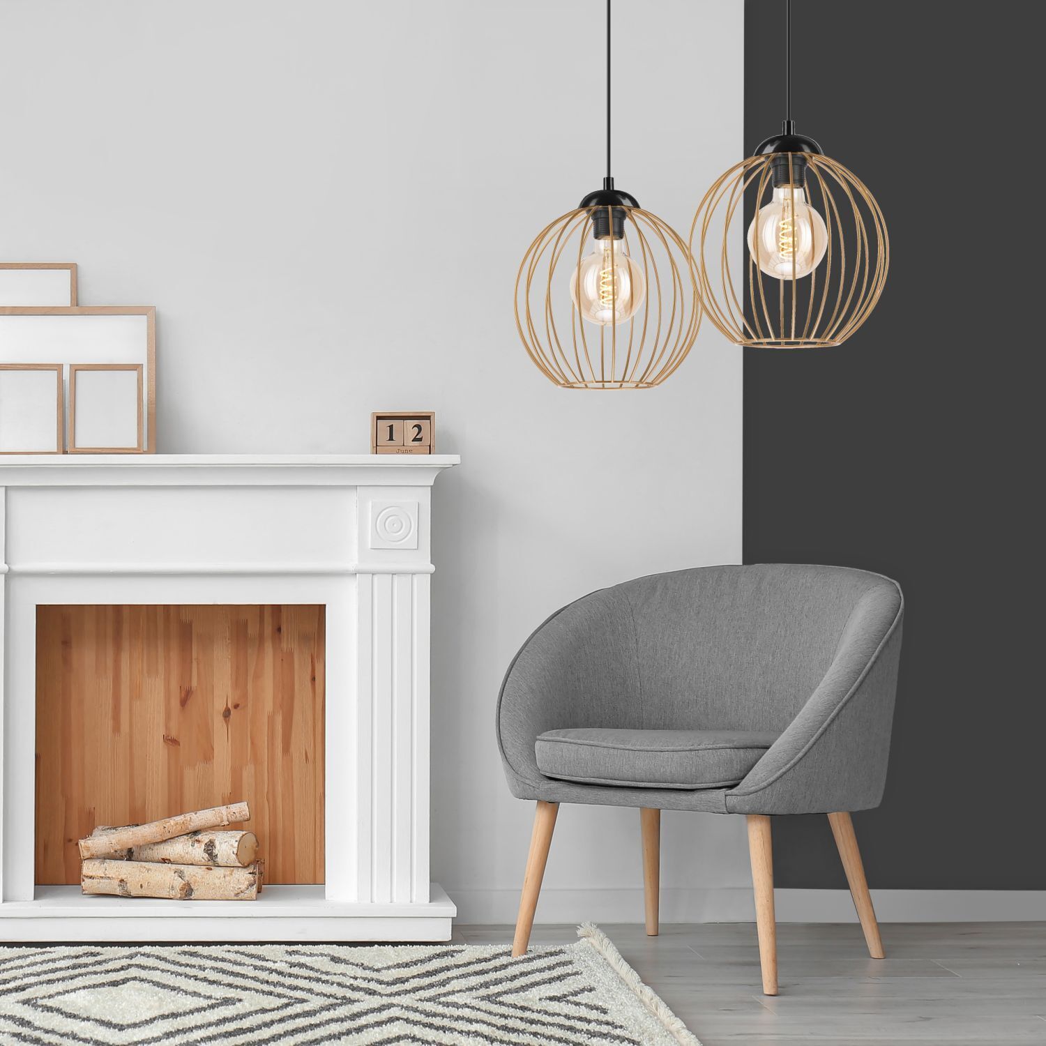 Hängeleuchte 2-flammig E27 in Schwarz Gold Metall Draht Drinnen, Innenarchitektur, Lampe, Stuhl, Mobiliar