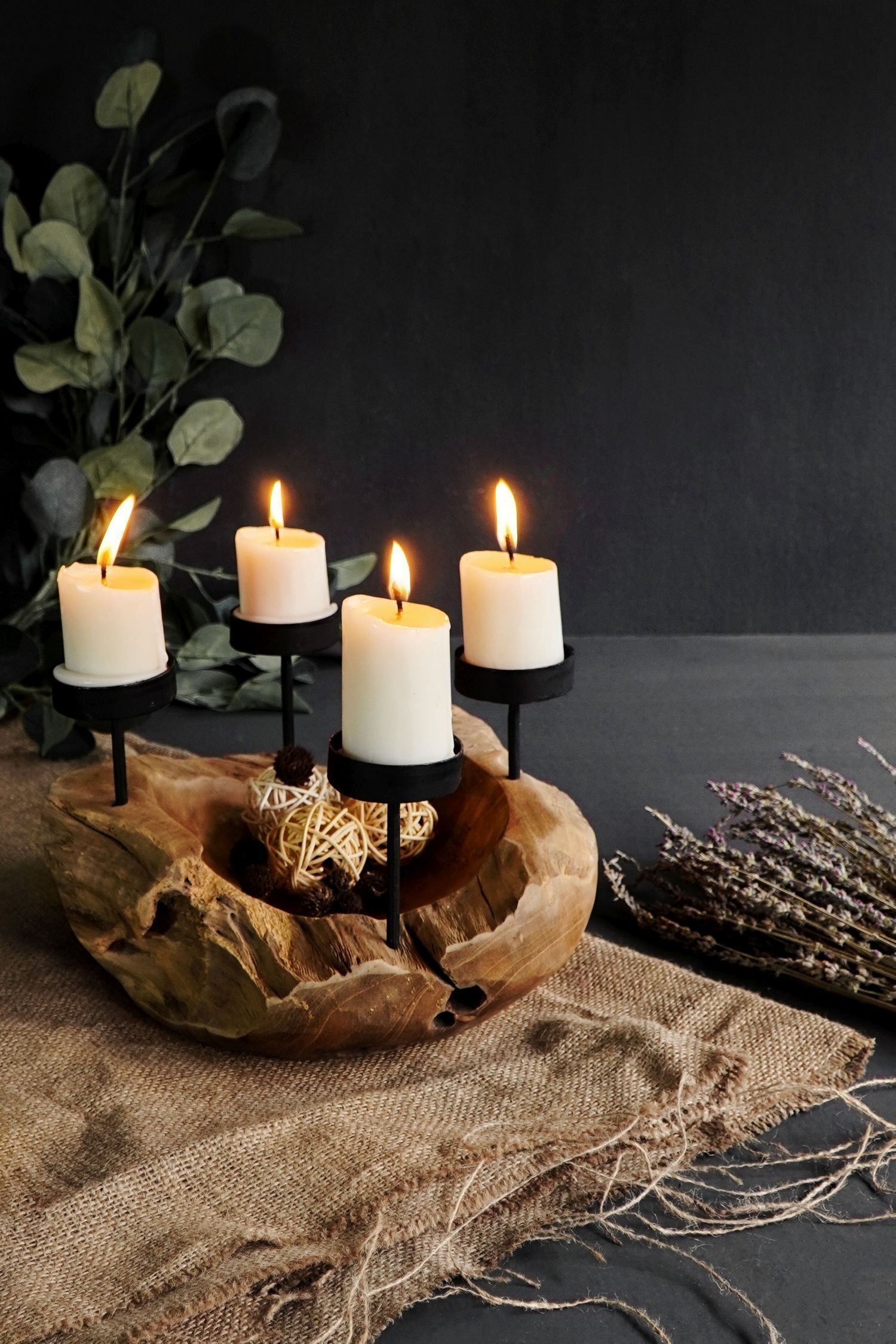 Kerzenständer Unikat Teak Holz Eisen Ø 30cm dekorativ Kerze, Kerzenständer