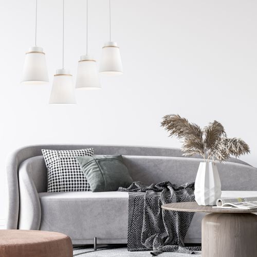 Pendelleuchte Weiß Holz Stoff Metall 4-flmg Lampe