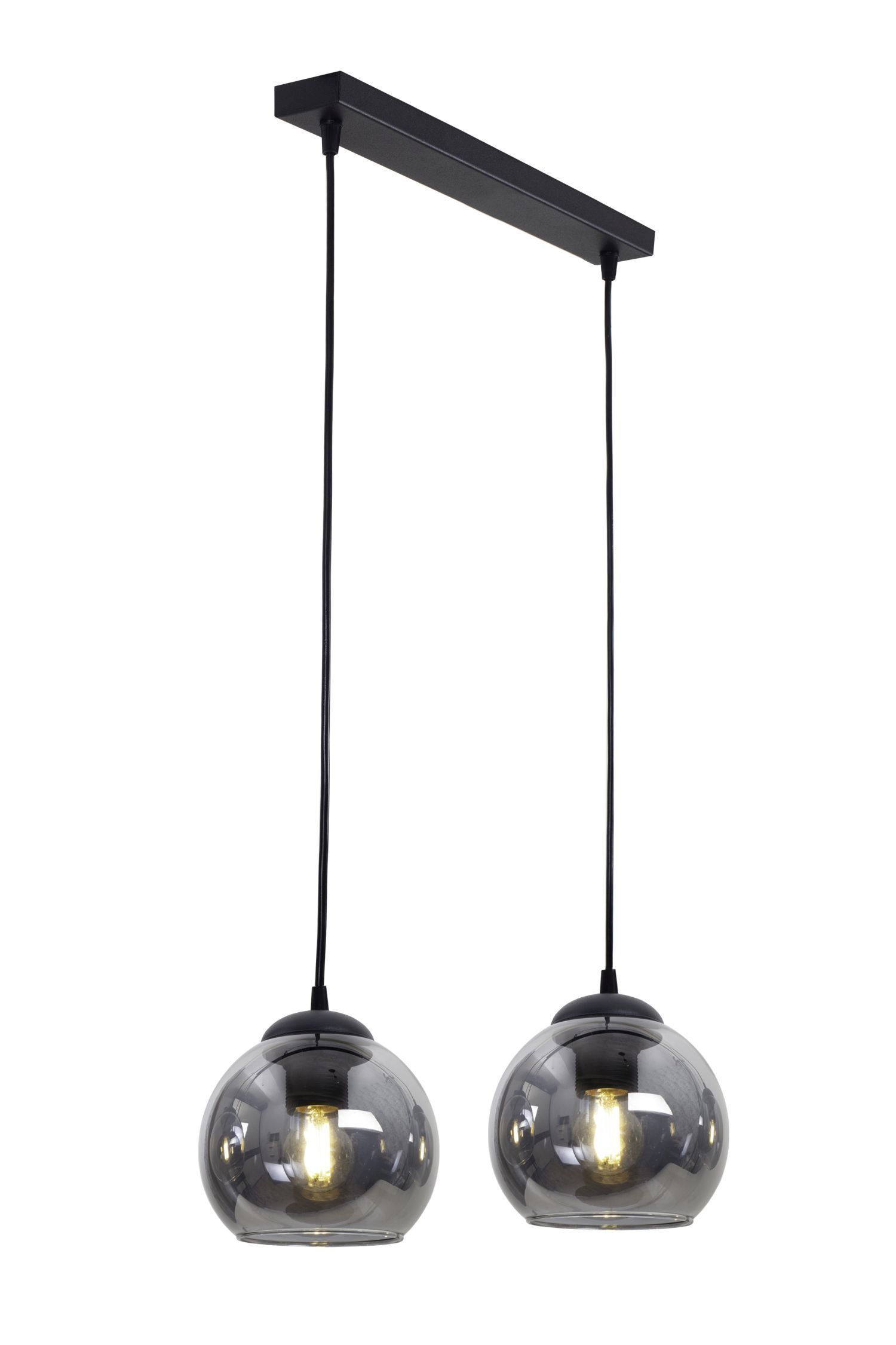 Hängelampe blendarm Metall Rauchglas E27 L:42 cm 2-flmg pendant light, double pendant, glass globe, black cable, modern fixture