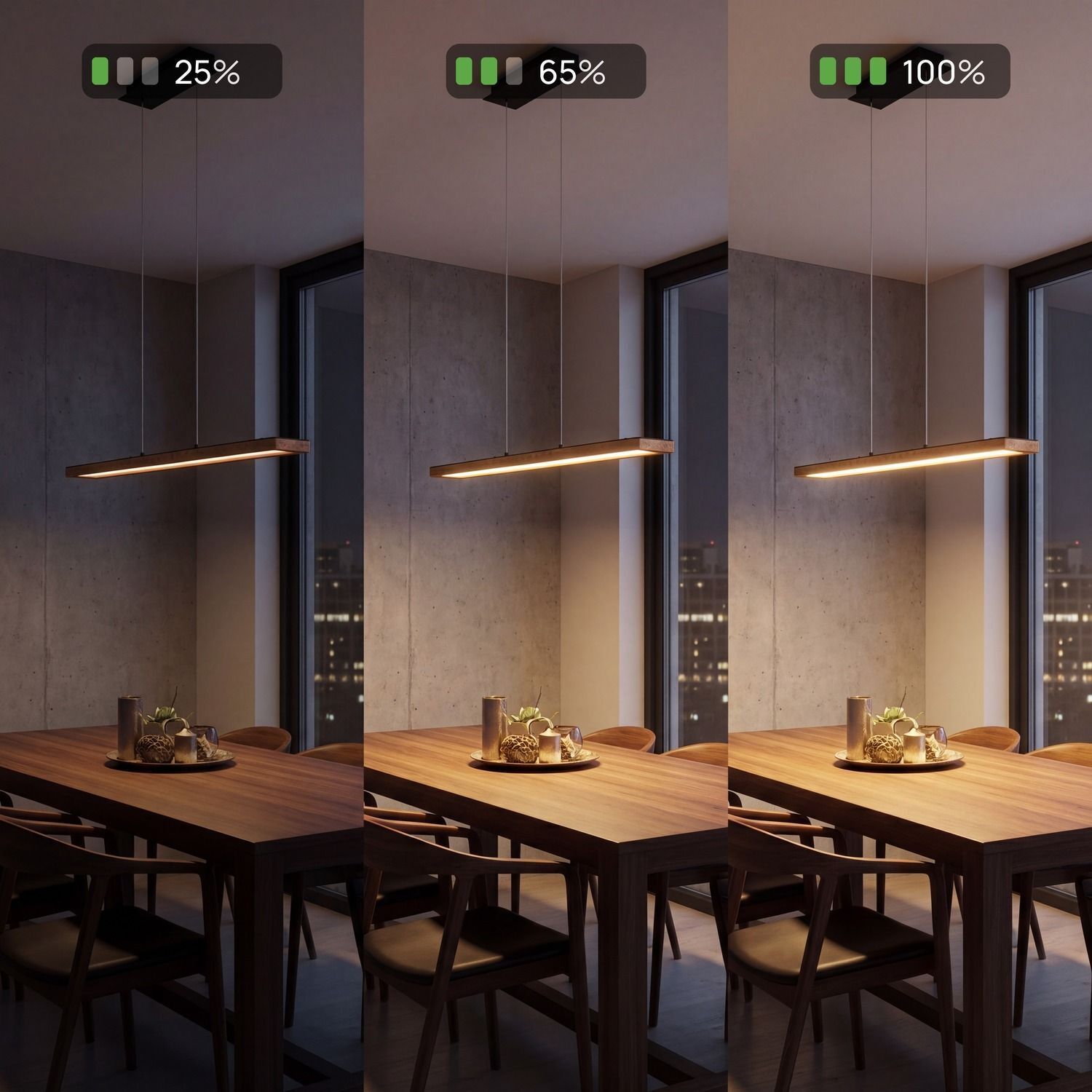 LED Pendelleuchte dimmbar Holz Aluminium 70 cm 3000 K Tisch, Hängelampe, Wohnzimmer, Holztisch, Dekoration