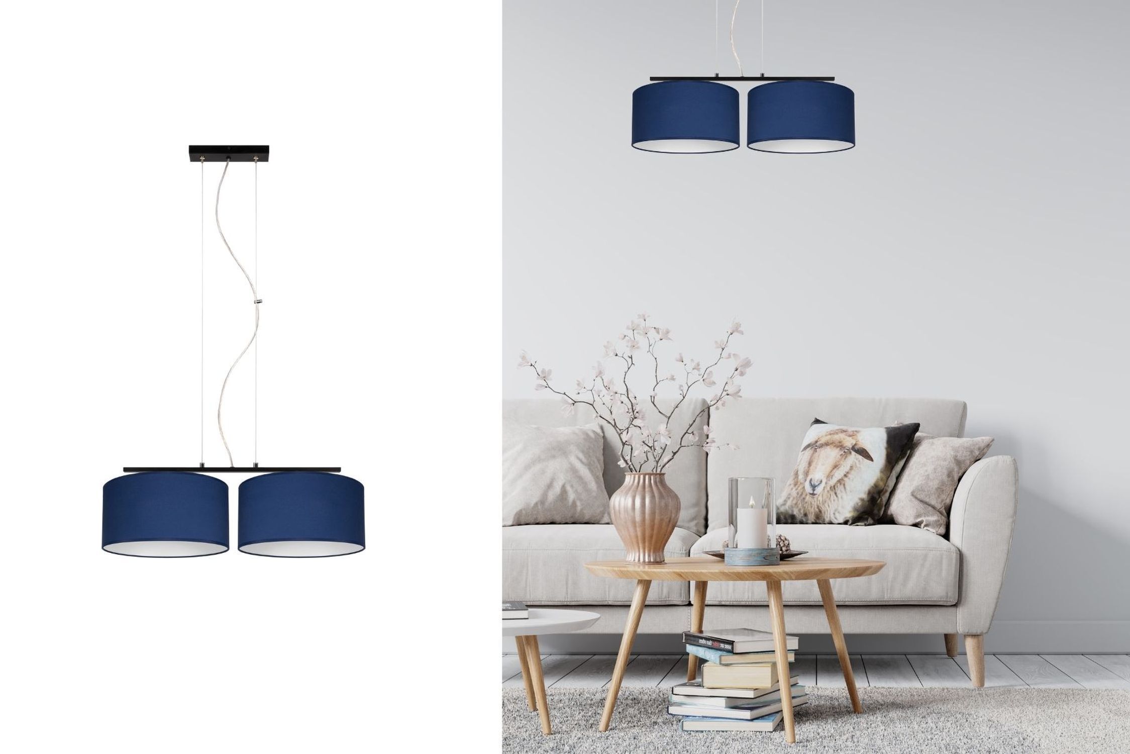 Längliche Hängeleuchte 2-flammig Stoff Schwarz Blau E27 Lampe