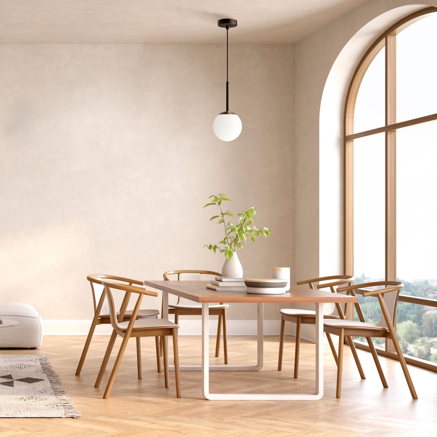 Hängeleuchte Metall Glas E14 Ø 15 cm rund Schwarz Weiß Speisesaal, Esstisch, Mobiliar, Tabelle, Pflanze