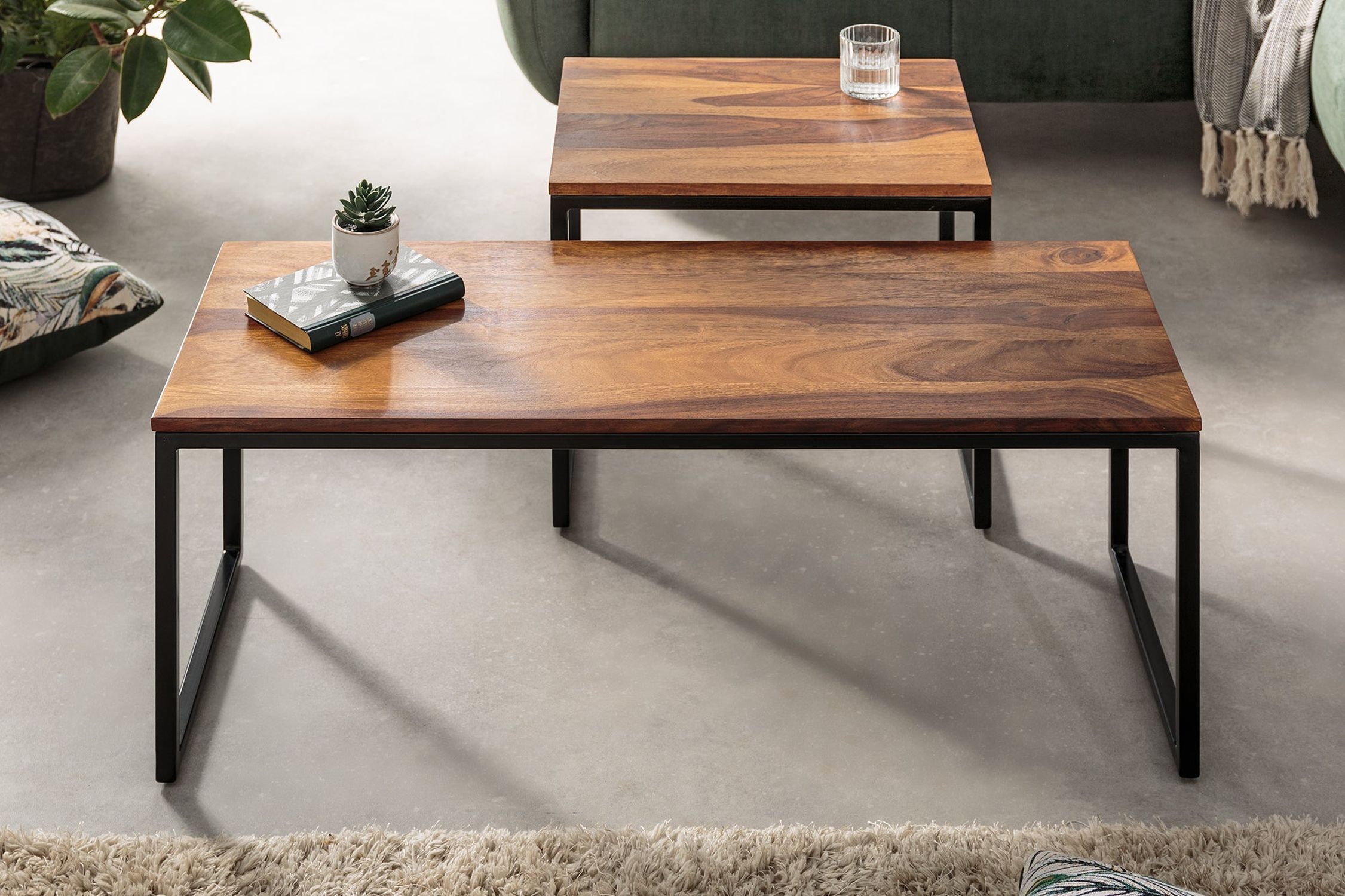 Table basse en bois de sheesham, métal, lot de 2