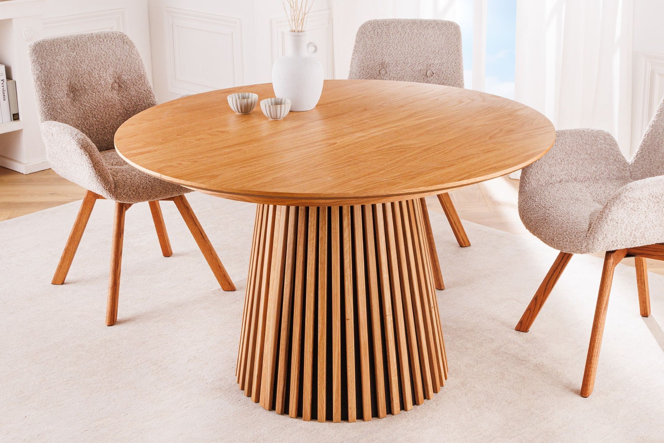 Table de salle à manger ronde extensible 120-220 cm Japandi pied colonne