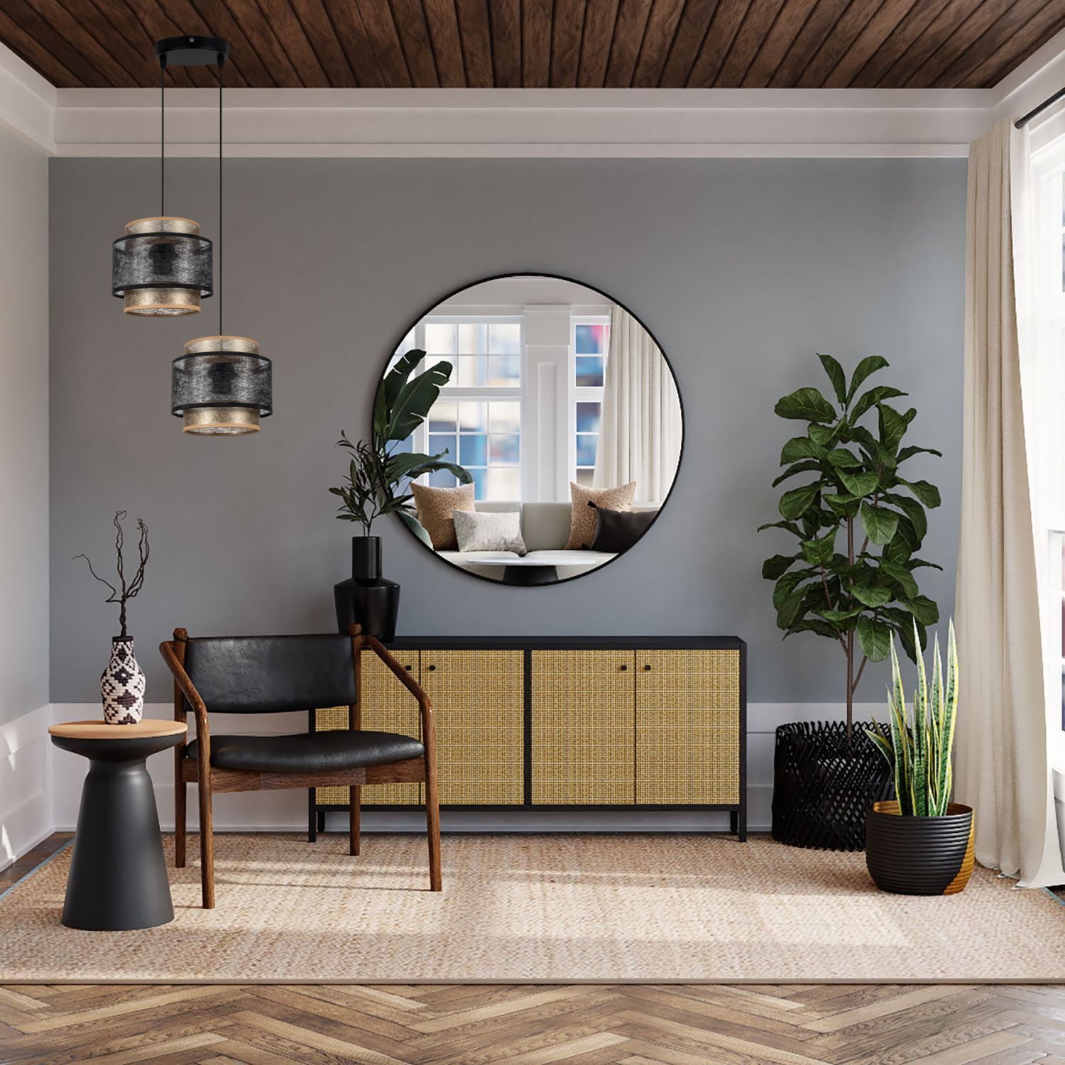 Pendelleuchte Stoff Schwarz Gold B:33 cm E27 blendarm Wohnzimmer, Sideboard, Spiegel, Pflanzen, Leuchte