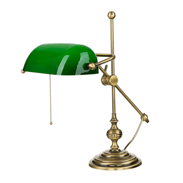 Schreibtischlampe, Grün, Messing, Schwenkarm, Klemmarm