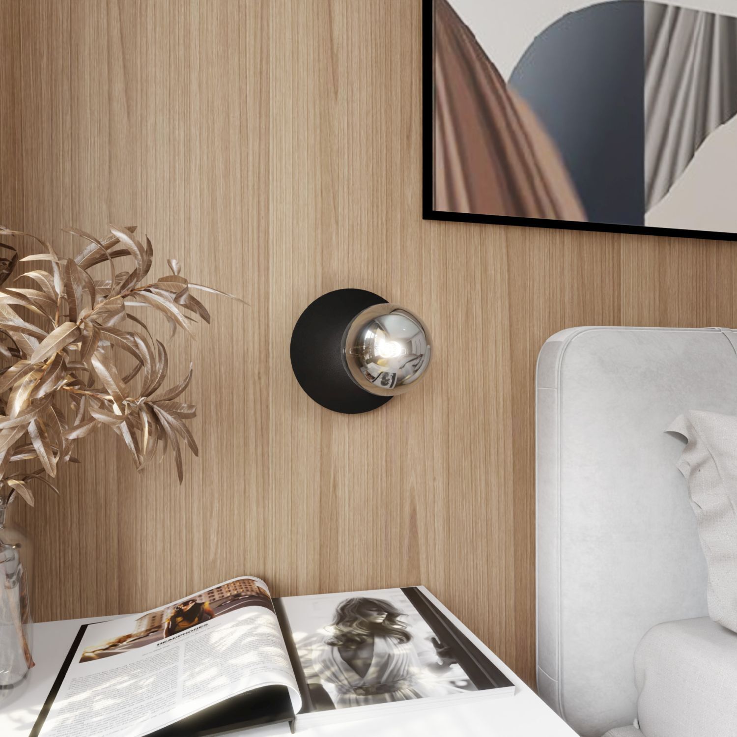 Wandlampe Rauchglas Metall Ø 20 cm rund E14 Kugel Schirm Drinnen, Innenarchitektur, Paneele aus Holz, Buch, Person