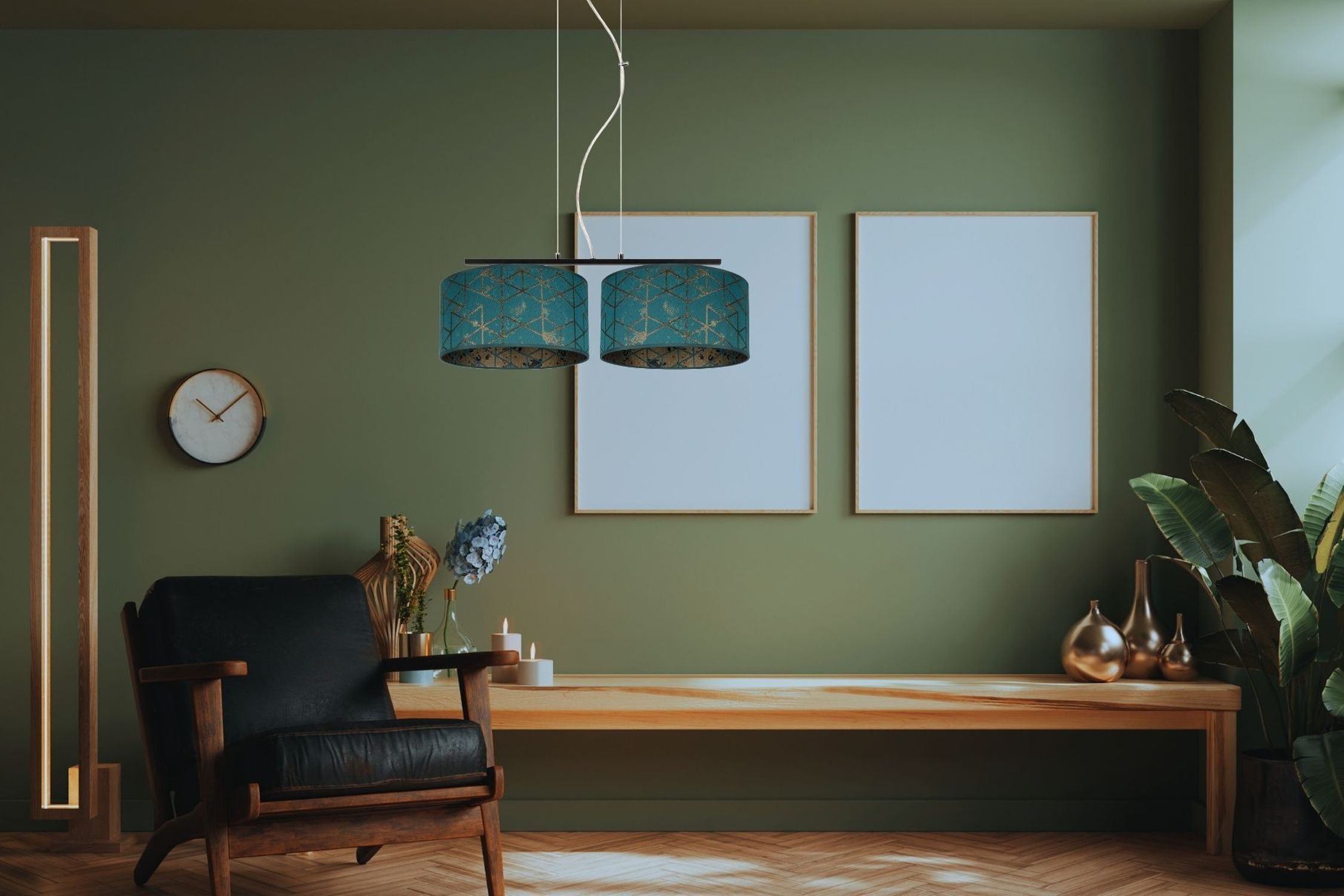 Stoff Pendelleuchte blendarm Grün Muster E27 70 cm lang wohnzimmer, lampe, kugeldekor, holz, pflanzen