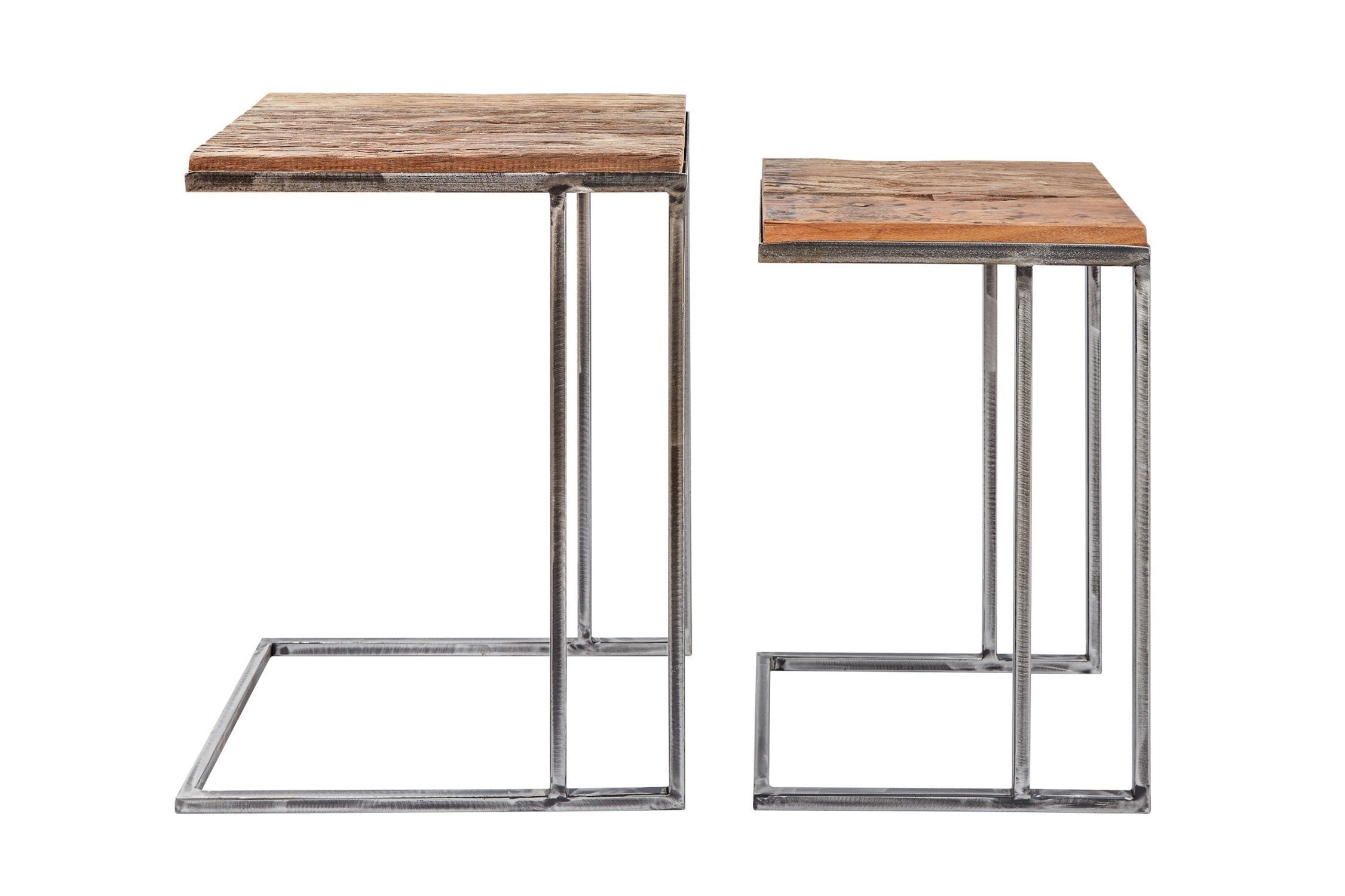 Set de 2 tables d'appoint en bois recyclé et en métal, fabrication artisanale