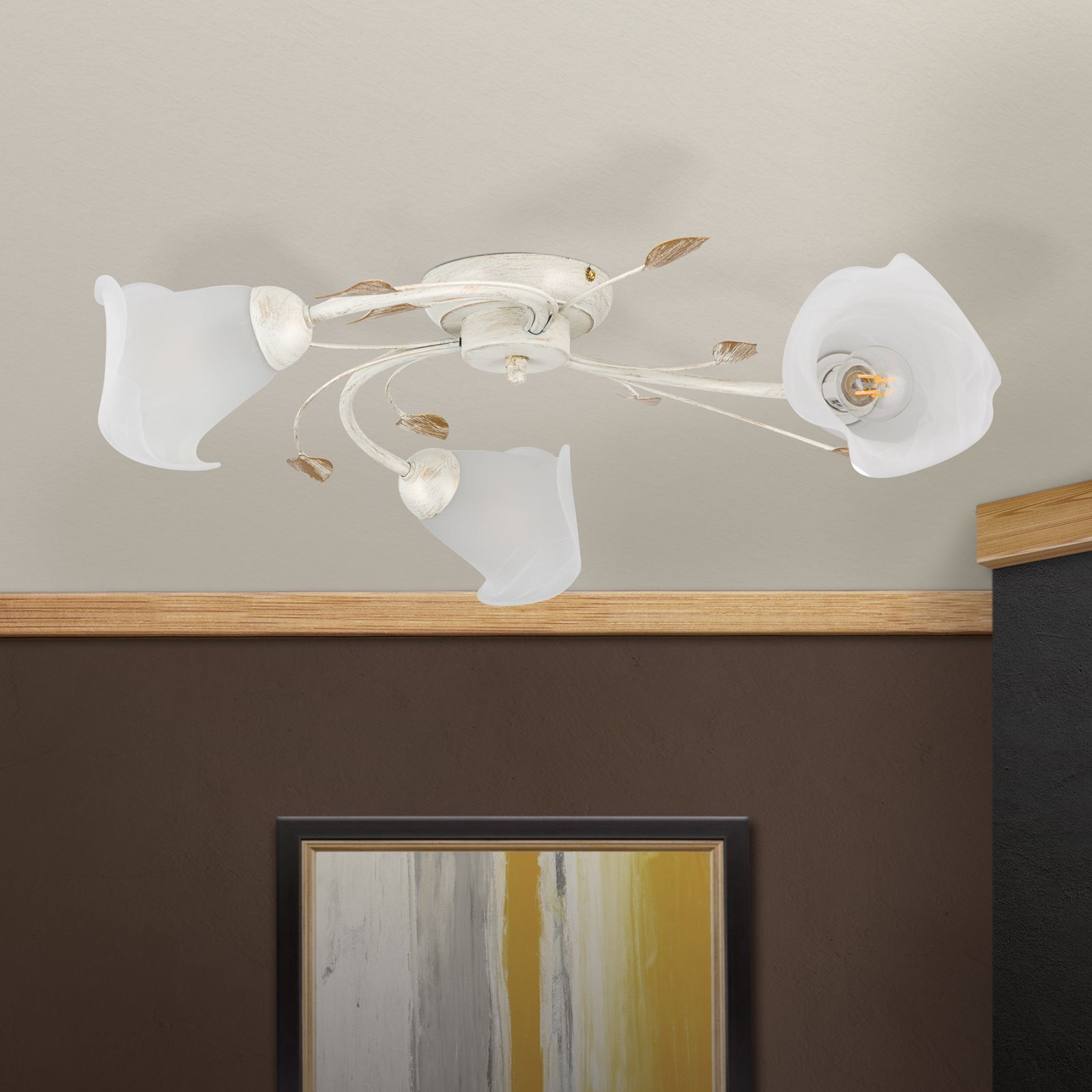 deckenleuchte, fünf-armige lampe, weiße lampe, kristallen lampe, innenbeleuchtung