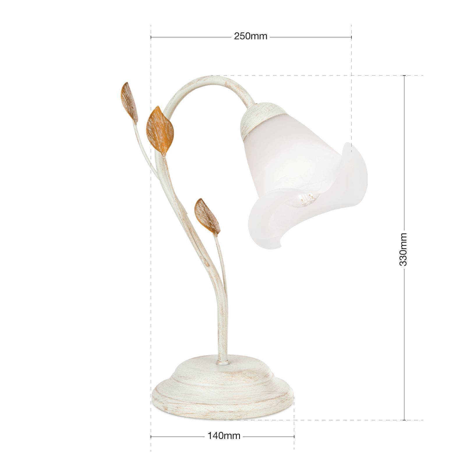 Tischleuchte Metall Glas 33 cm hoch E14 Landhaus OSKAR Tischlampe, Lampe, Blumen-Look, Metallstab, Weiß