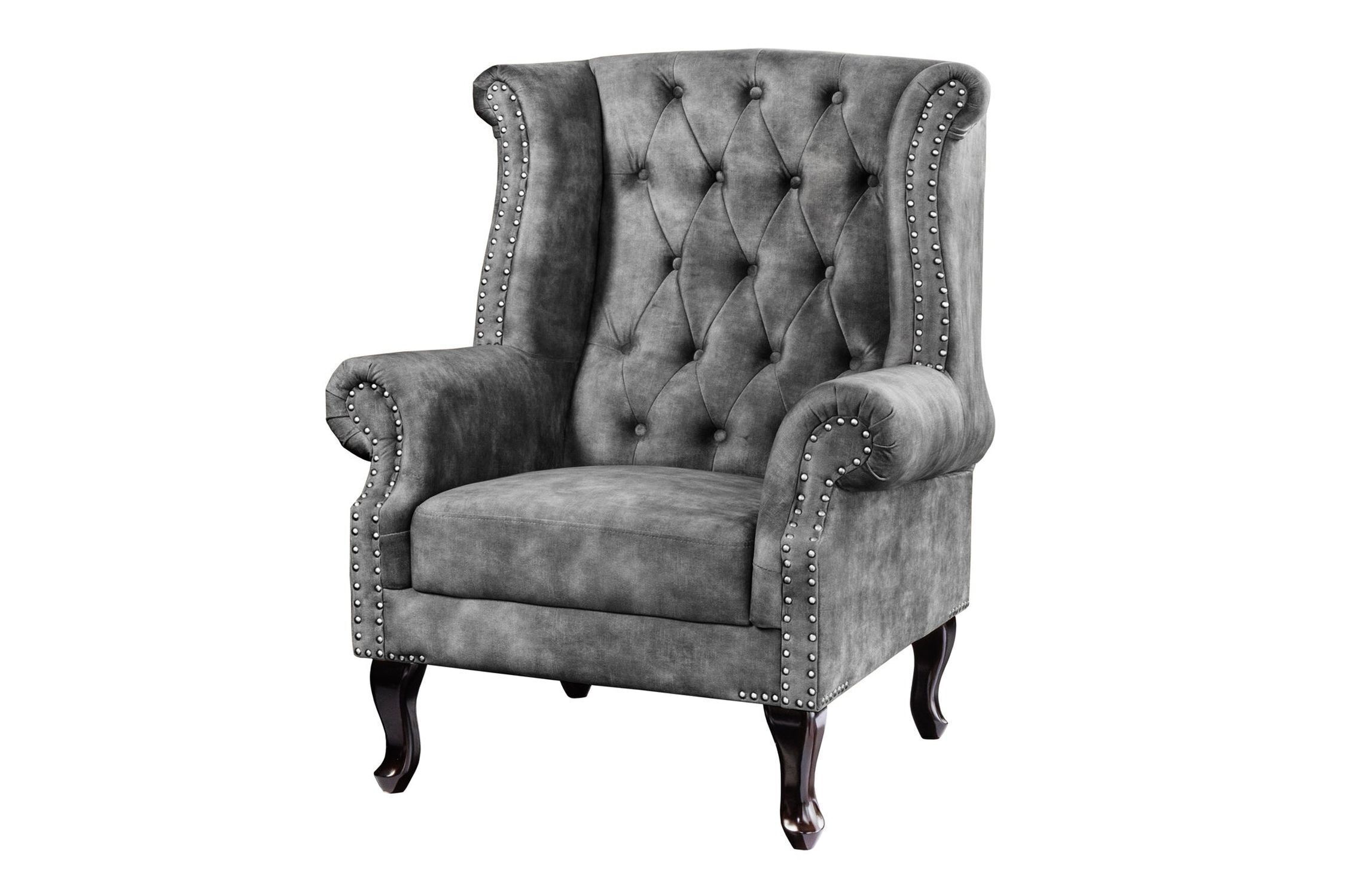 Ohrensessel Samt Holz in Grau Braun B: 85 cm Chesterfield Moebel, Stuhl, Sessel