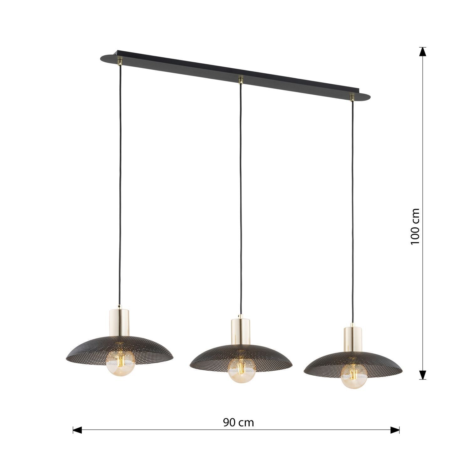Suspension 3 flammes L : 90 cm Métal noir or E27