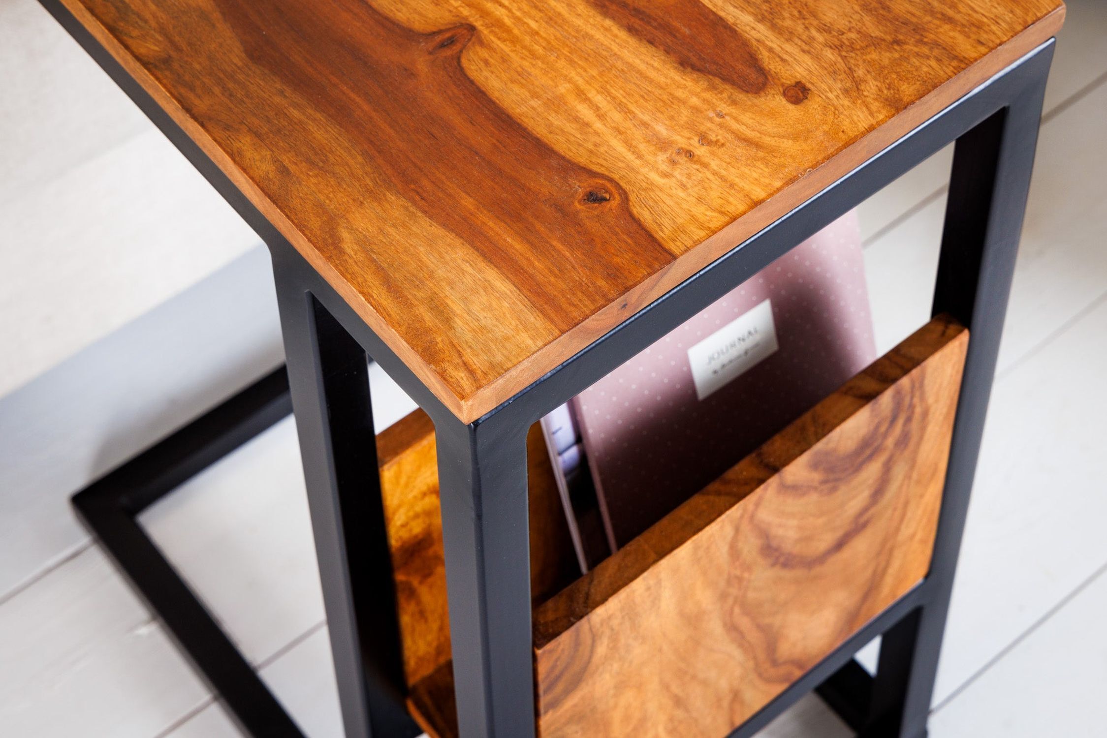 Beistelltisch Sheesham Holz Metall 45 x 30 cm Hartholz, Holz, Gebeiztes Holz, Schublade, Mobiliar