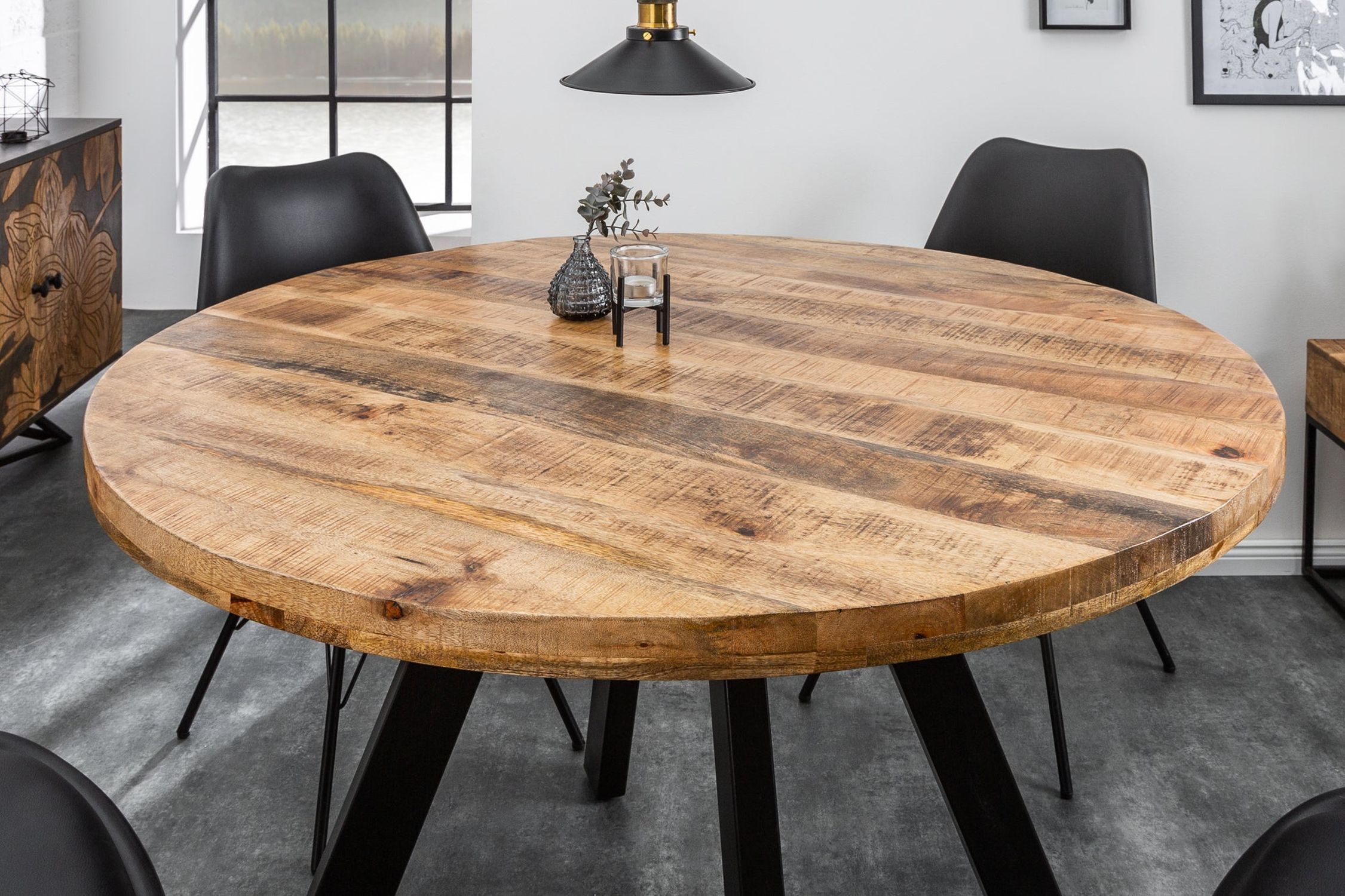 Table de salle à manger ronde Ø 120 cm bois de manguier métal design industriel