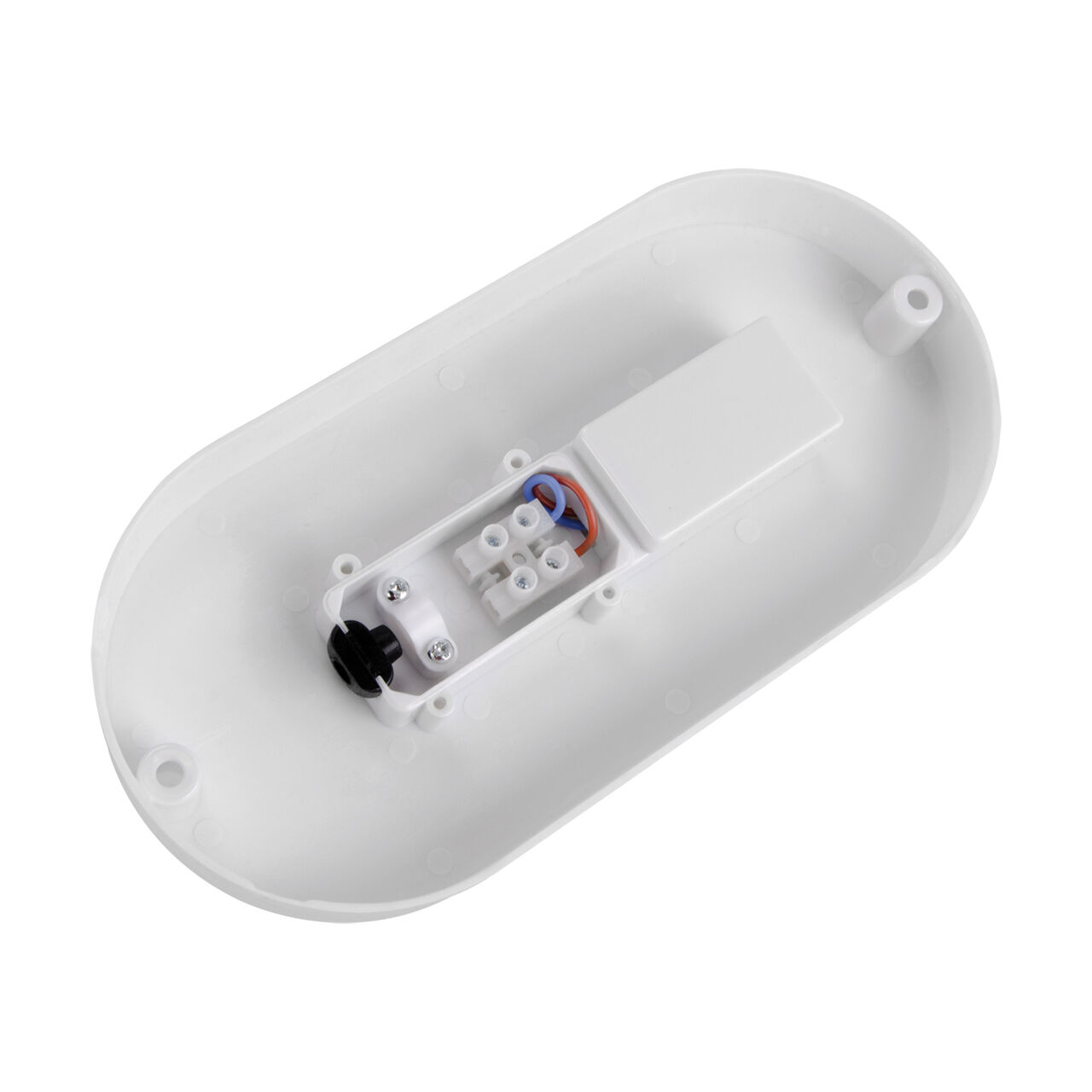 LED Deckenleuchte oval IP65 Weiß 19,5 cm Keller außen Wandhalter, Elektrische schaltung, Ladeanschluss, weiße Gehäuse, Montagebasis