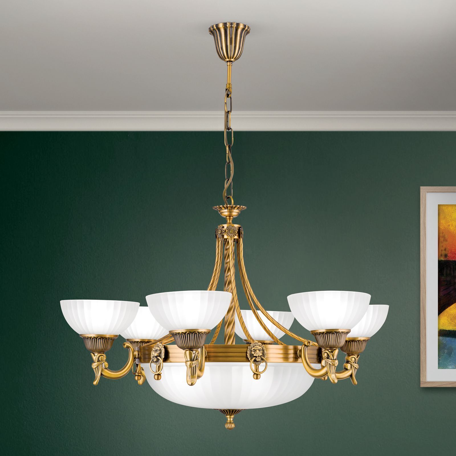 Kronleuchter, Goldfarben, Messing, Weißes Glas, Deckenleuchte