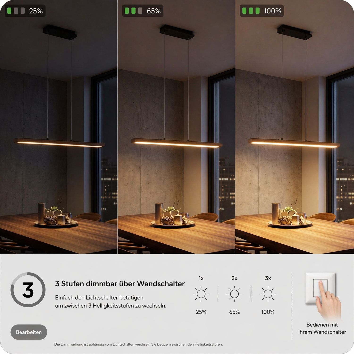 pendant light, lineare Leuchte, Holztisch, Waschraum?, warme Beleuchtung