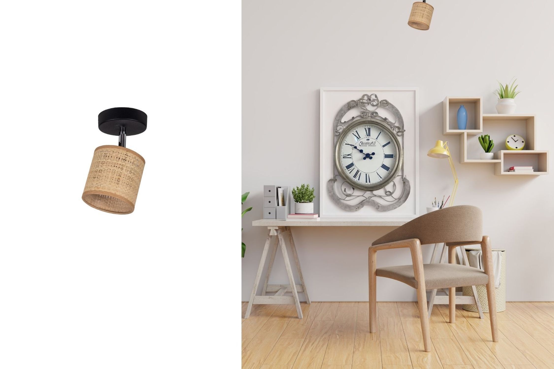 Flexibler Deckenstrahler Stoff blendarm Braun wohnlich Deckenlampe, Lampenaufsatz, Korblampe, Holz, Rattan