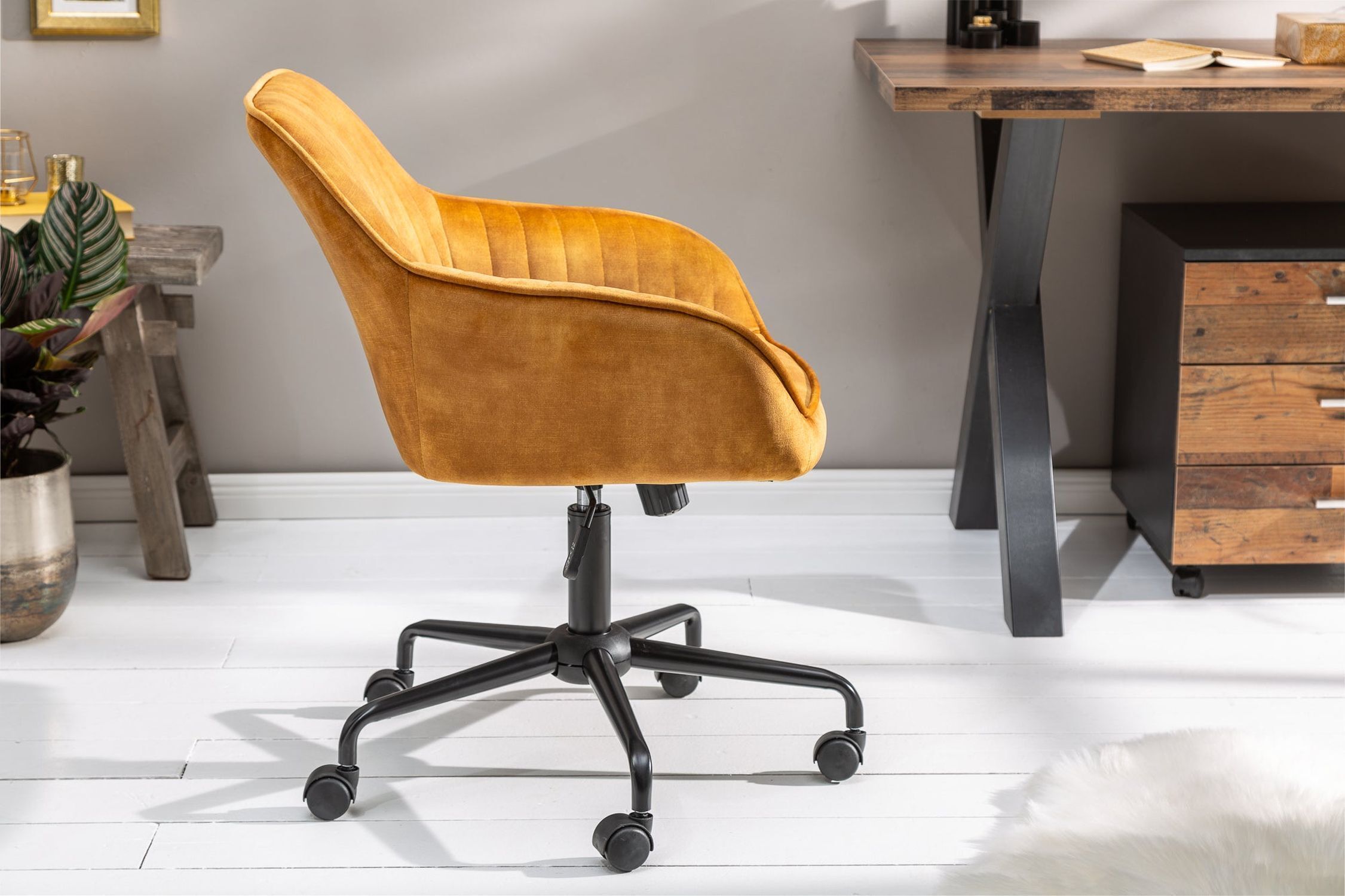 Chaise de bureau réglable en hauteur Jaune Noir Velours Métal Moebel, Stuhl, Drinnen, Büro, Bürostuhl