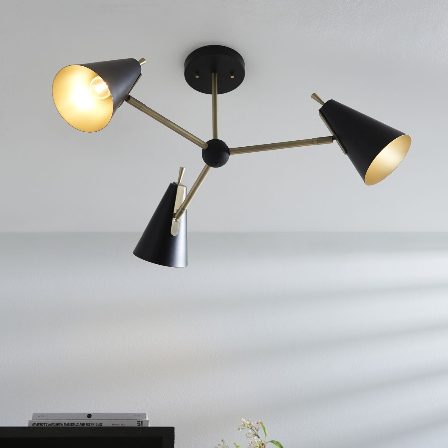 Deckenlampe Metall B: 83 cm in Schwarz Messing 3-flammig E14