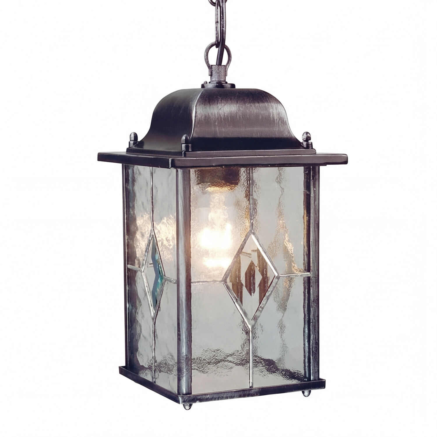 aussen-haengeleuchte-thompson-1-flammig-schwarz-mit-silber-finish-vintage-429-1 Laternе, hängende Lampe, Metallrahmen, Glaslampe, Diamant-Glass