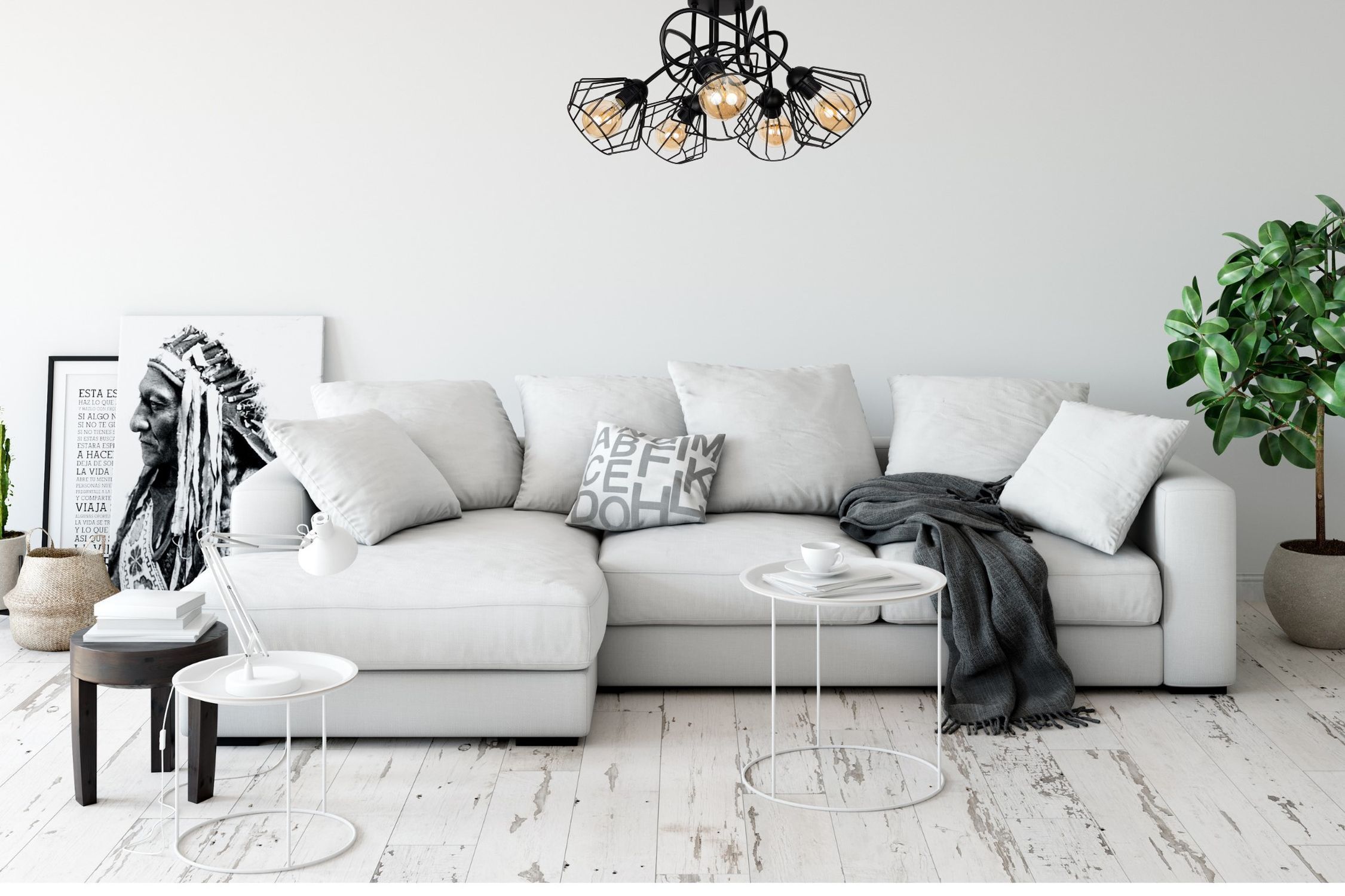 Lampe de plafonnier noire métal fil E27 L:60 cm 5-flamme Couch, Dekoration für Zuhause, Wohnzimmer, Tabelle, Kissen