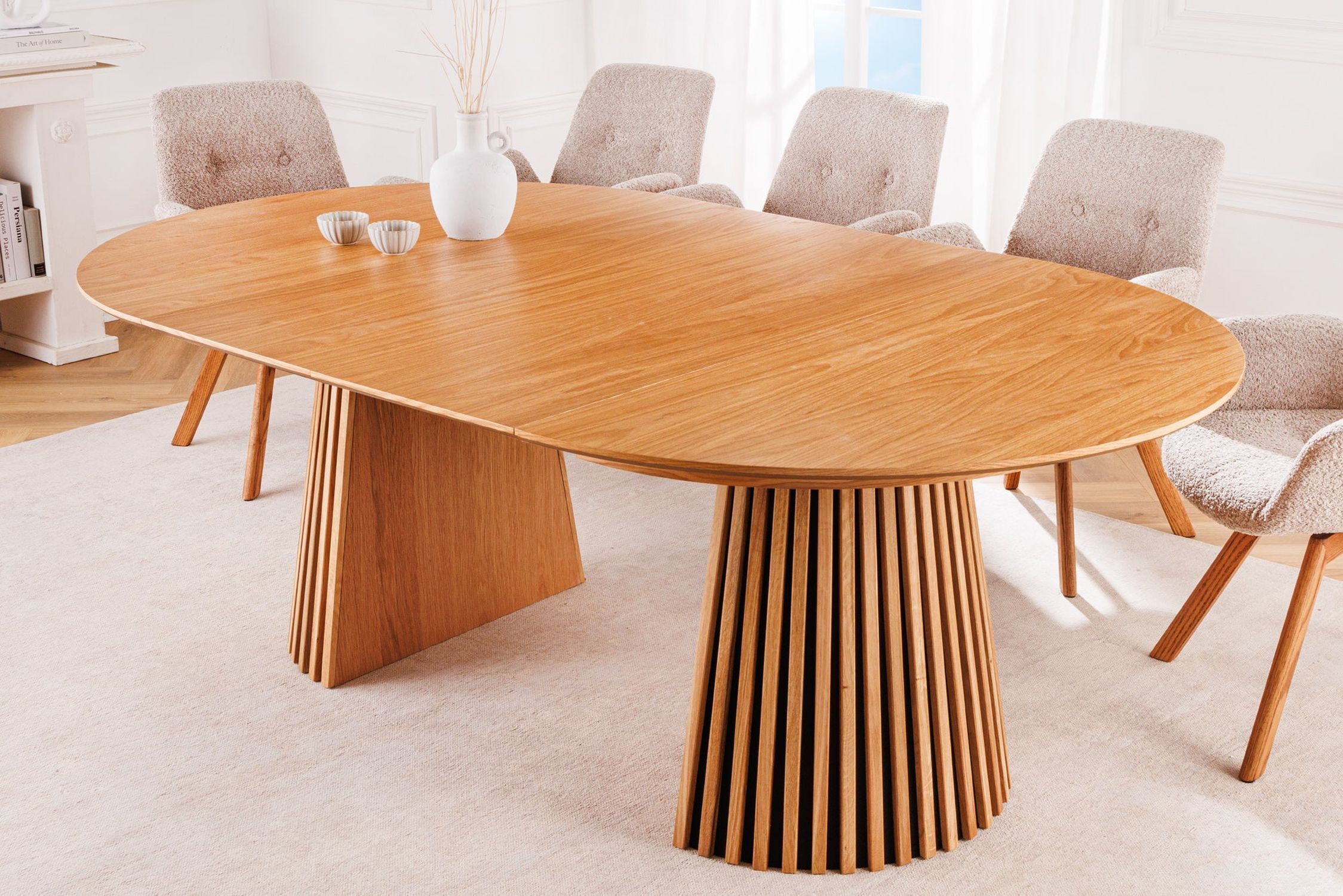 Table de salle à manger ronde extensible 120-220 cm Japandi pied colonne