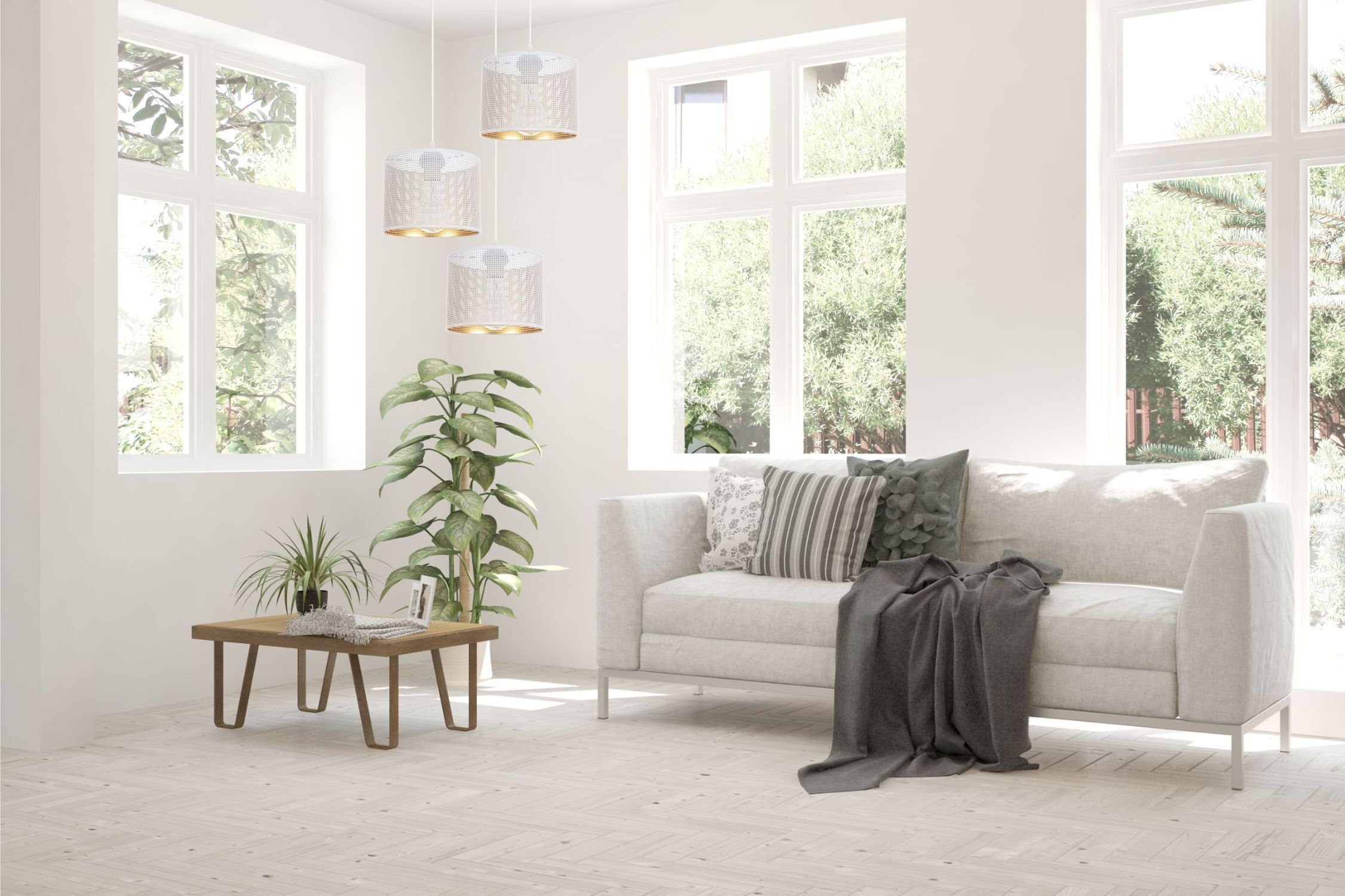 Hängelampe Metall Weiß Gold E27 3-flammig Ø45 cm Loft Couch, Fenster, Pflanze, Französisches Fenster, Inneneinrichtung