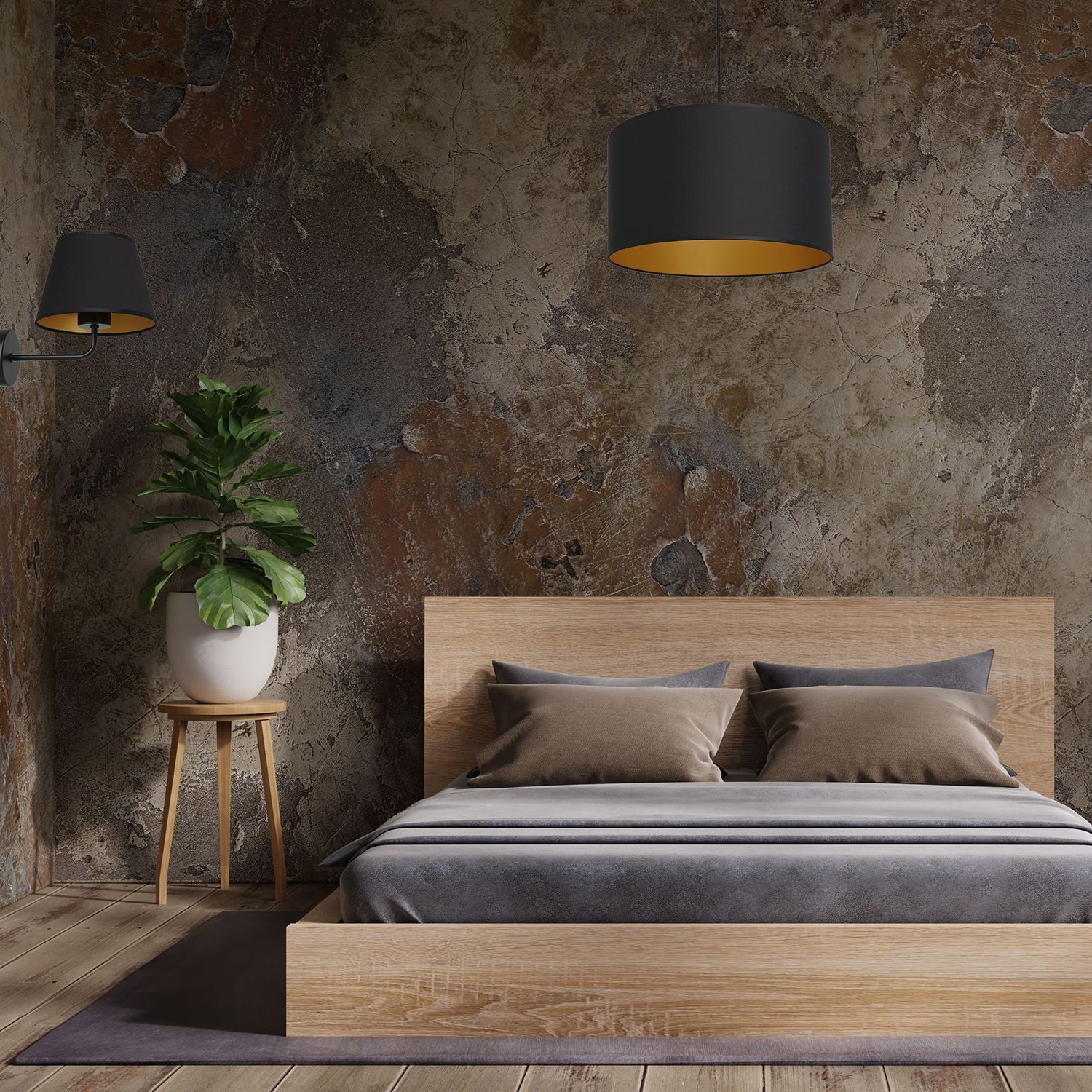 Wandlampe Schwarz Gold Stoffschirm konisch H:23 cm E27 Innenarchitektur, Lampe, Pflanze, Dekoration für Zuhause, Bett