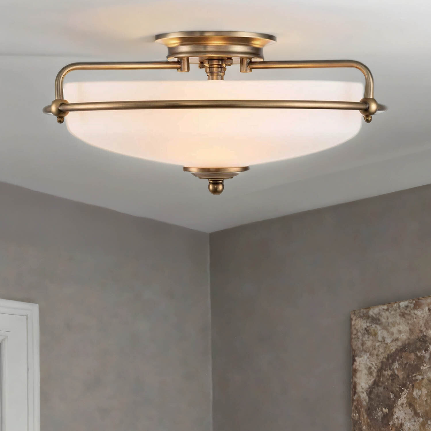 Jugendstil Lampe Decke Glas in Messing antik Weiß Ø 42,2 cm Deckenleuchte, Leuchte