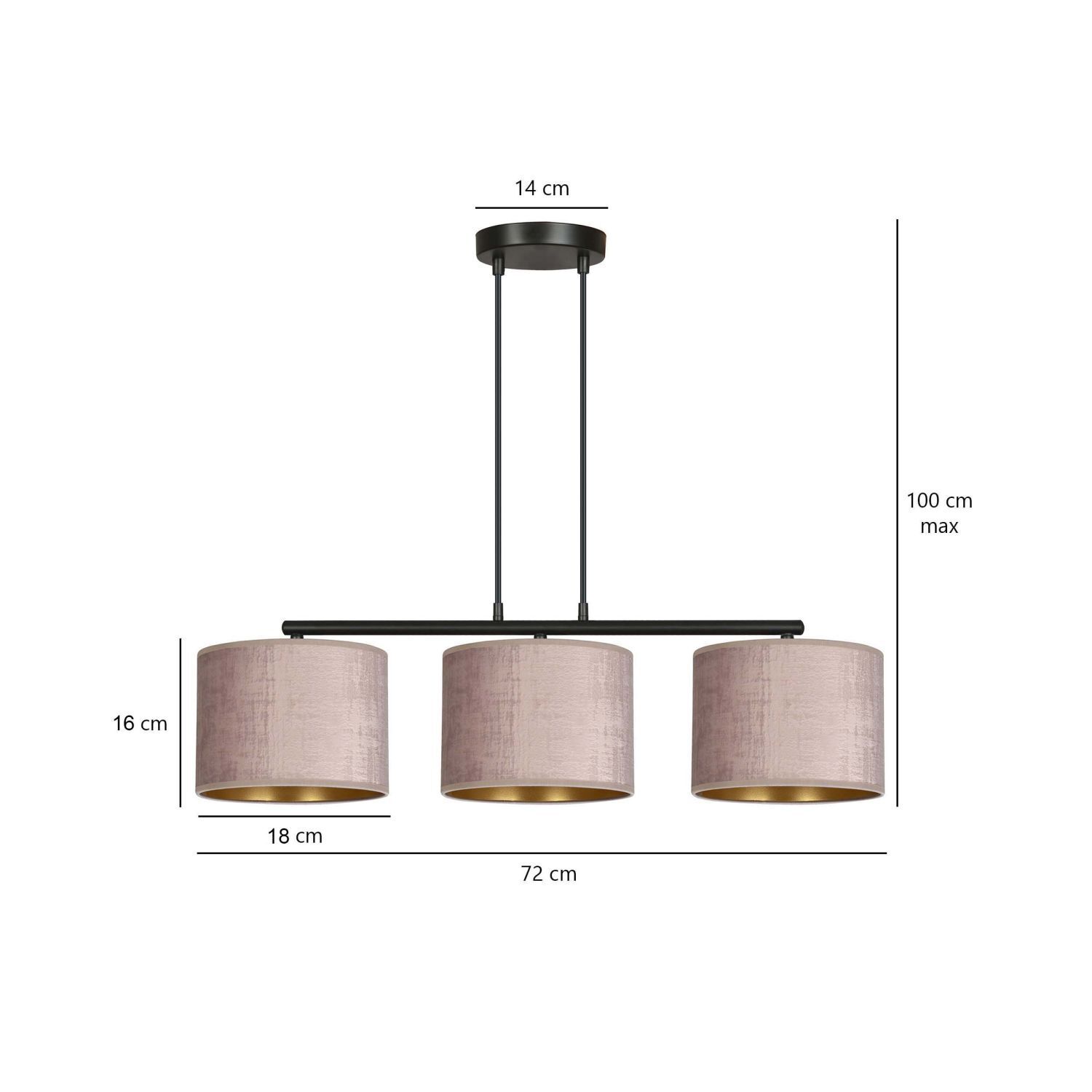 Lampe à suspendre métal tissu L : 72 cm noir rose or 3 flammes