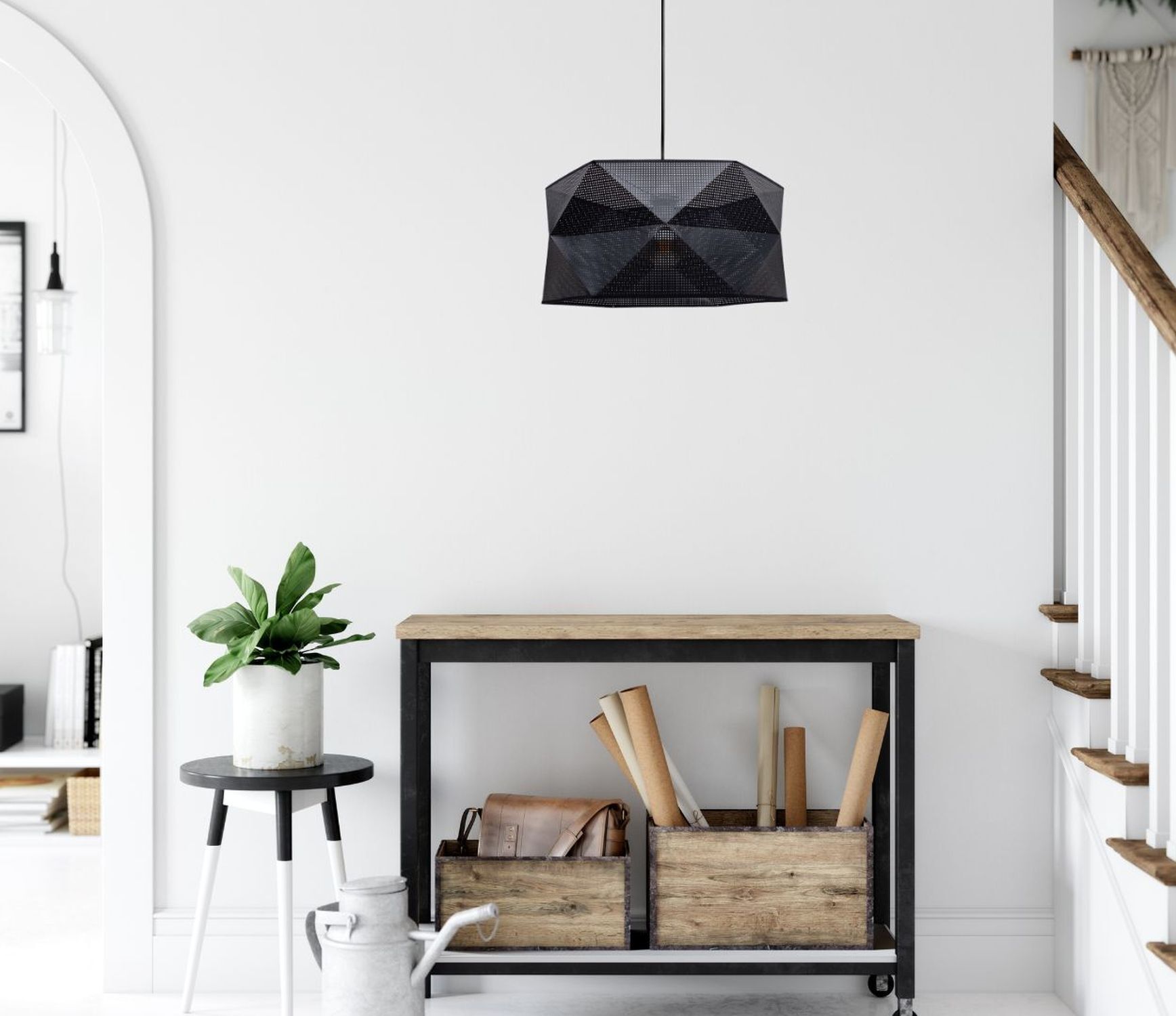 Holzwerkbank, Korpusleiste, Pflanze, Korbboxen, Deckenlampe