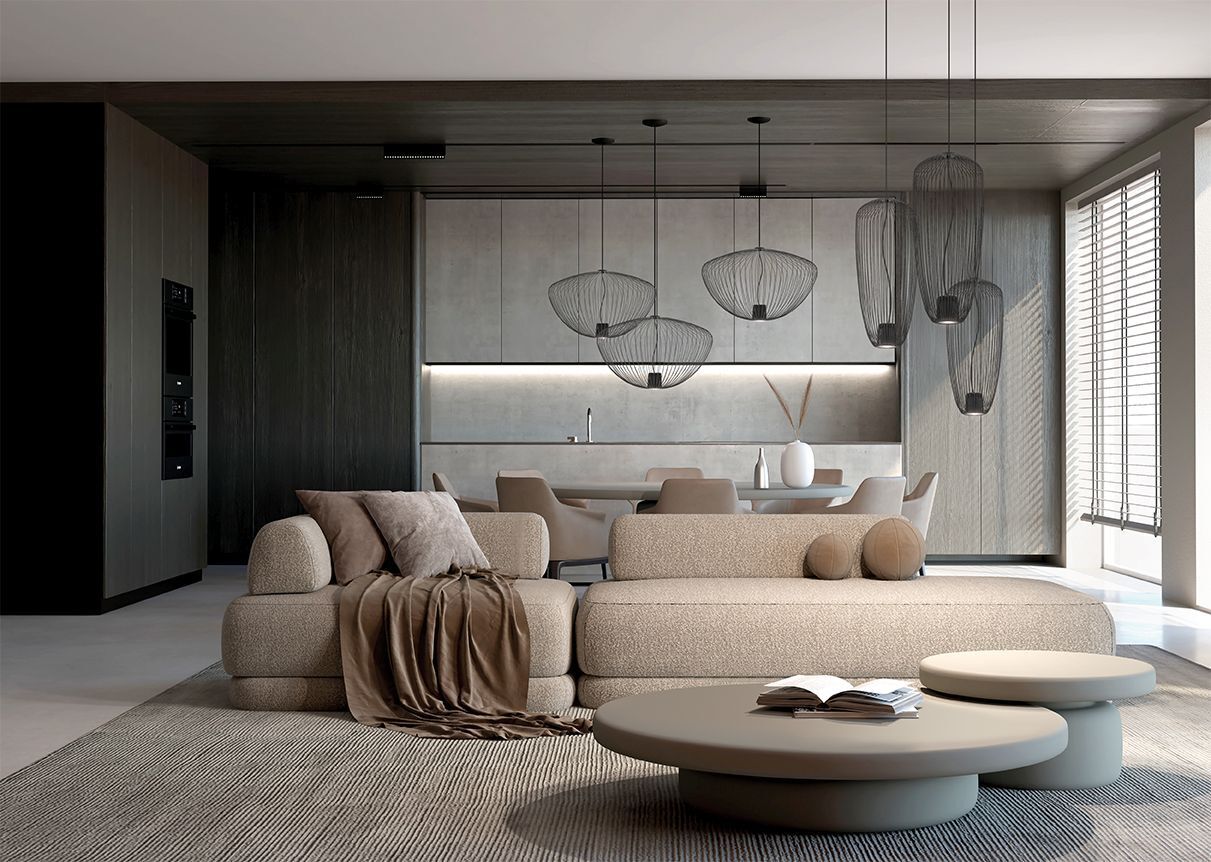 wohnzimmer, sofa, moderne einrichtung, kühles grau, pendelleuchten